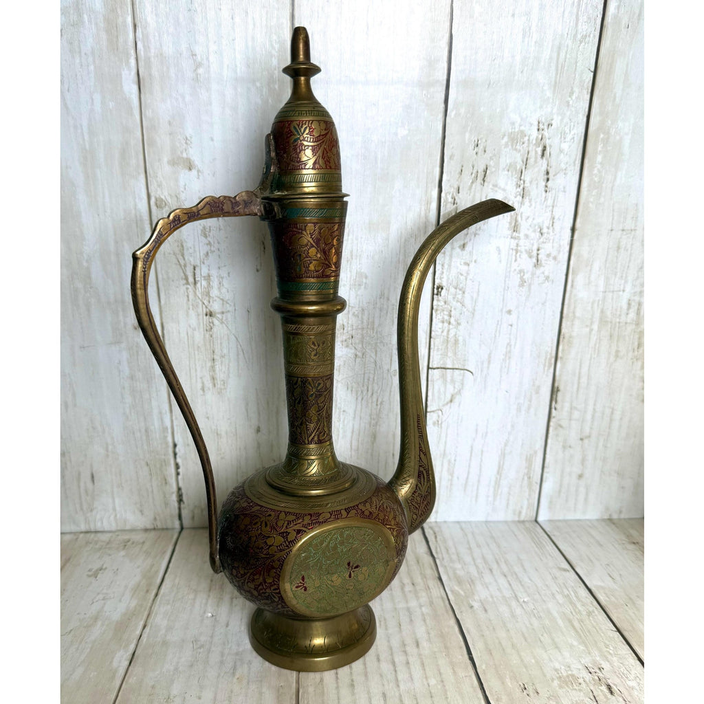 Indo-Persian Saran Brass Ewer with Etched and Painted Detail