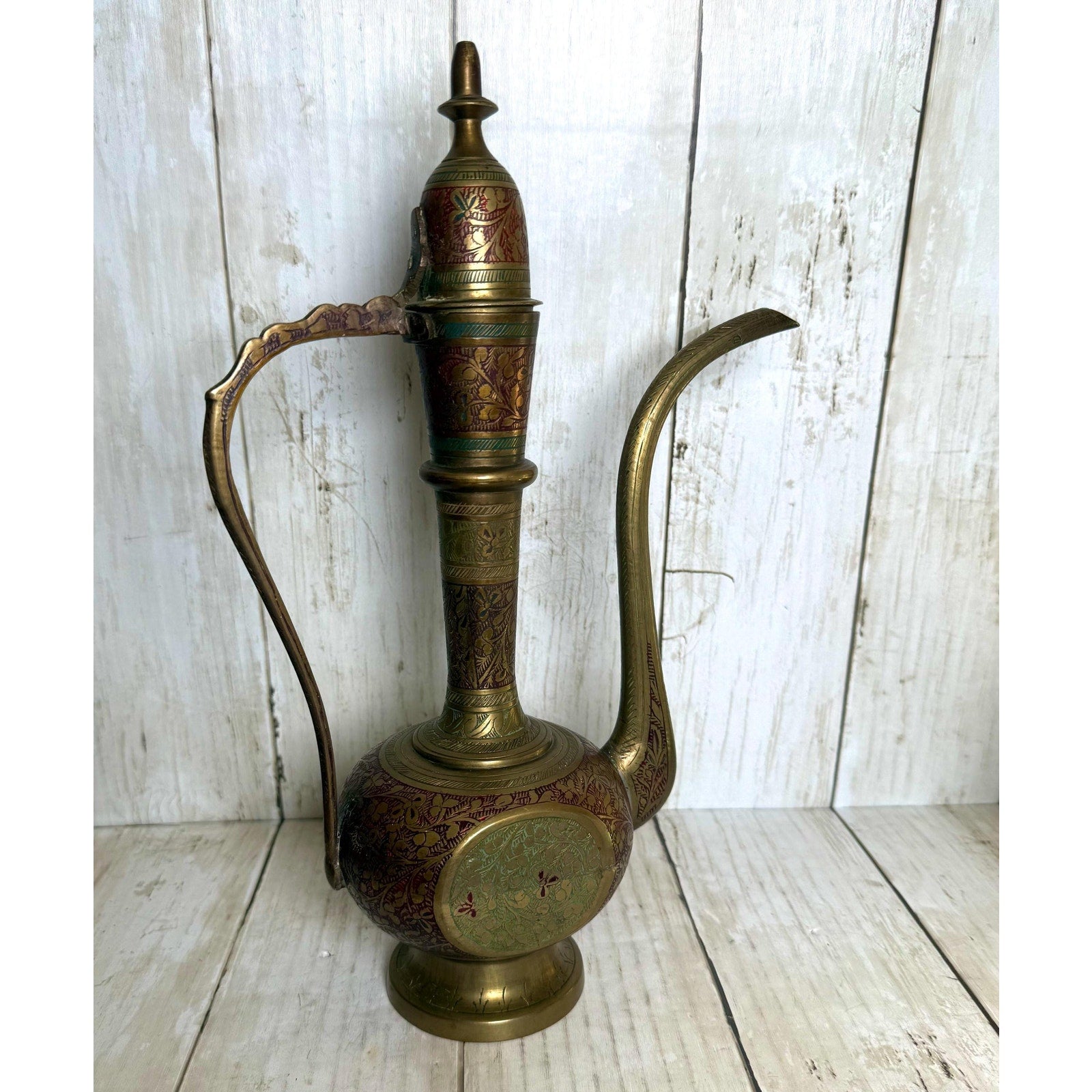 Indo-Persian Saran Brass Ewer with Etched and Painted Detail