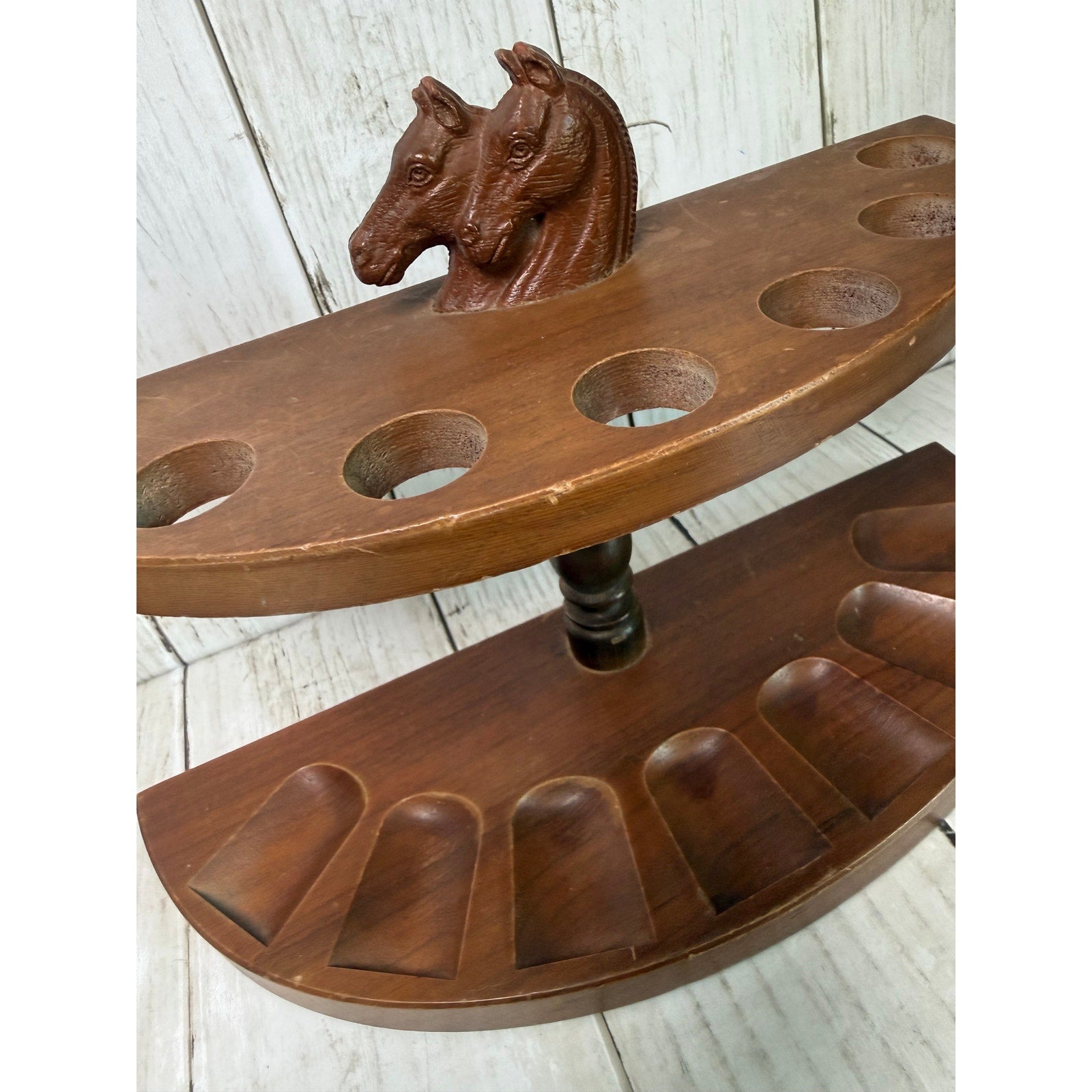 Wooden 7-pipe Stand with Molded Horse Heads