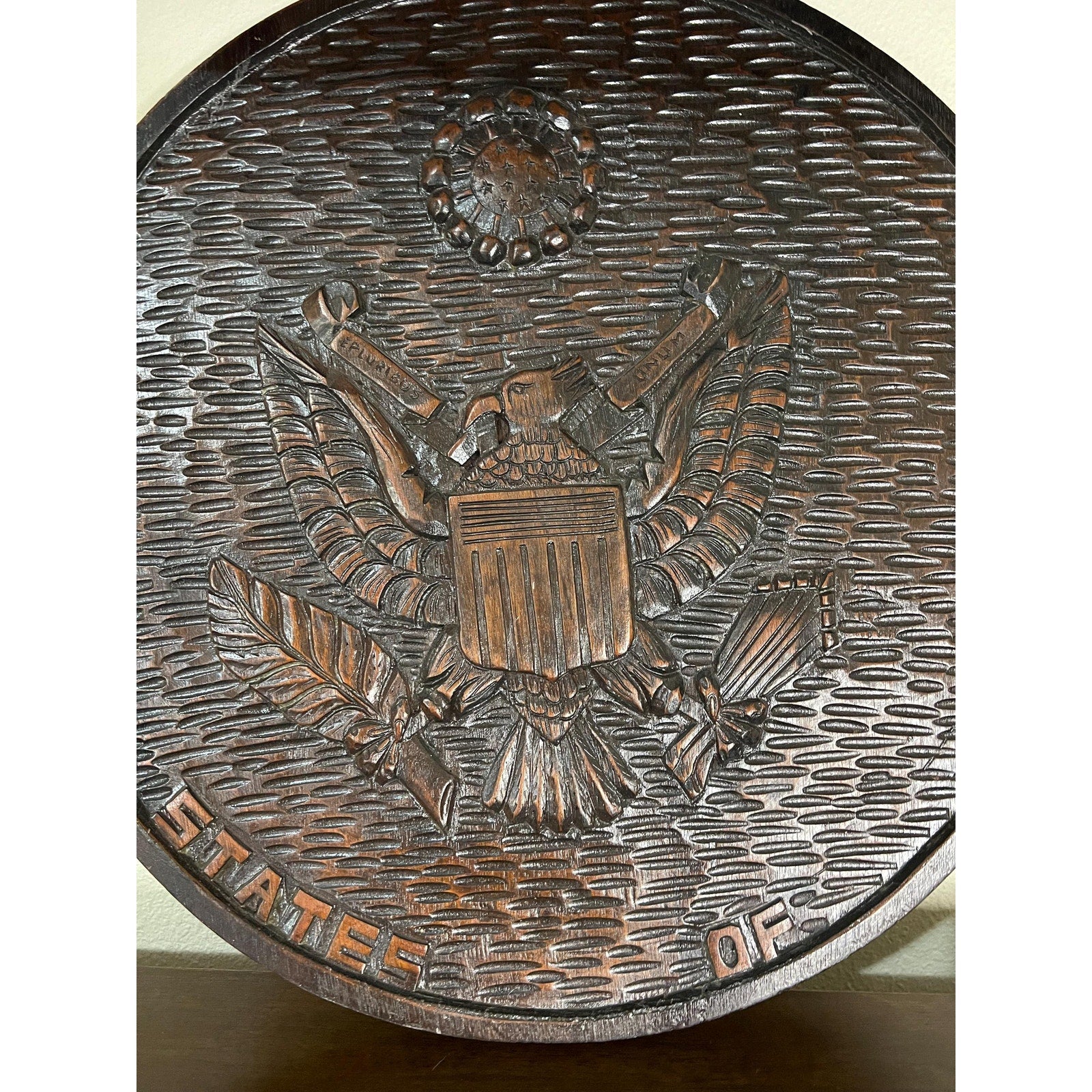 Rodrigo Clare Peneda 1982 Carved Wood 'United States Great Seal" Signed 18.5"dia