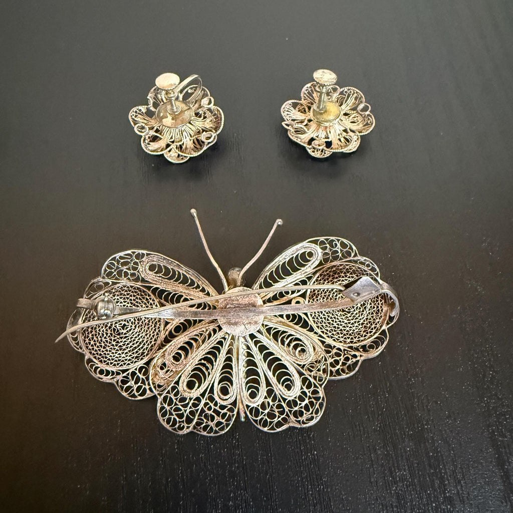 Silver Filigree Butterly Brooch and Earrings