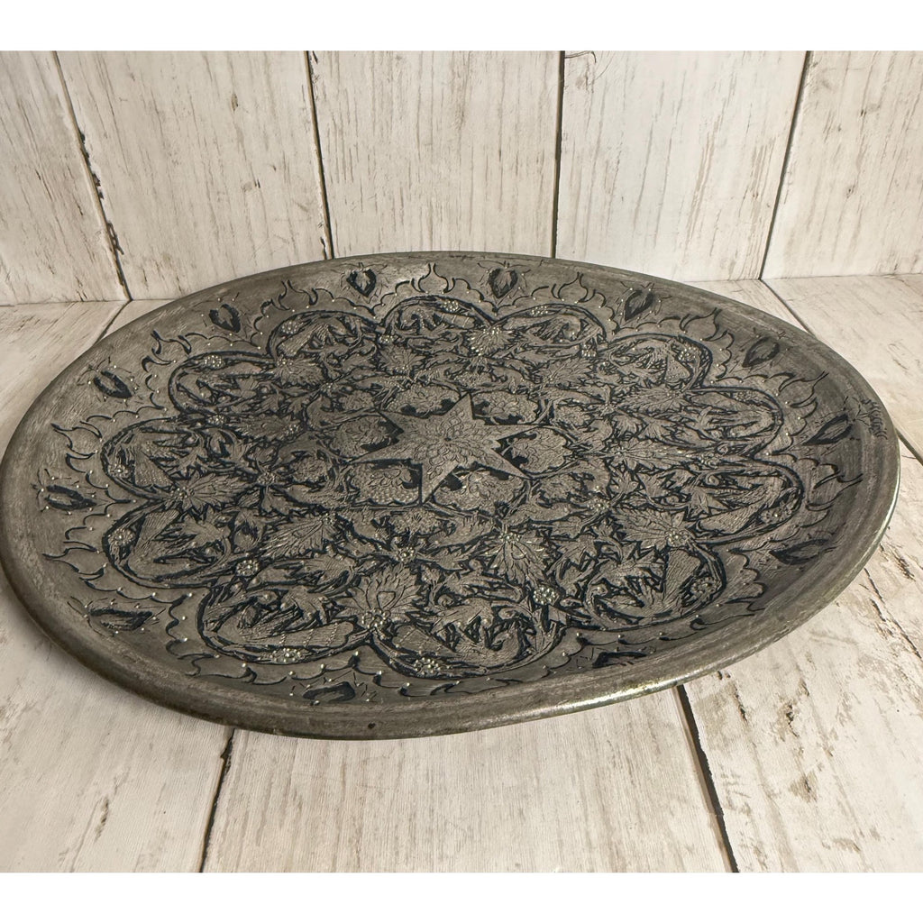 Handmade Middle Eastern Round Silver Tray Star in Center