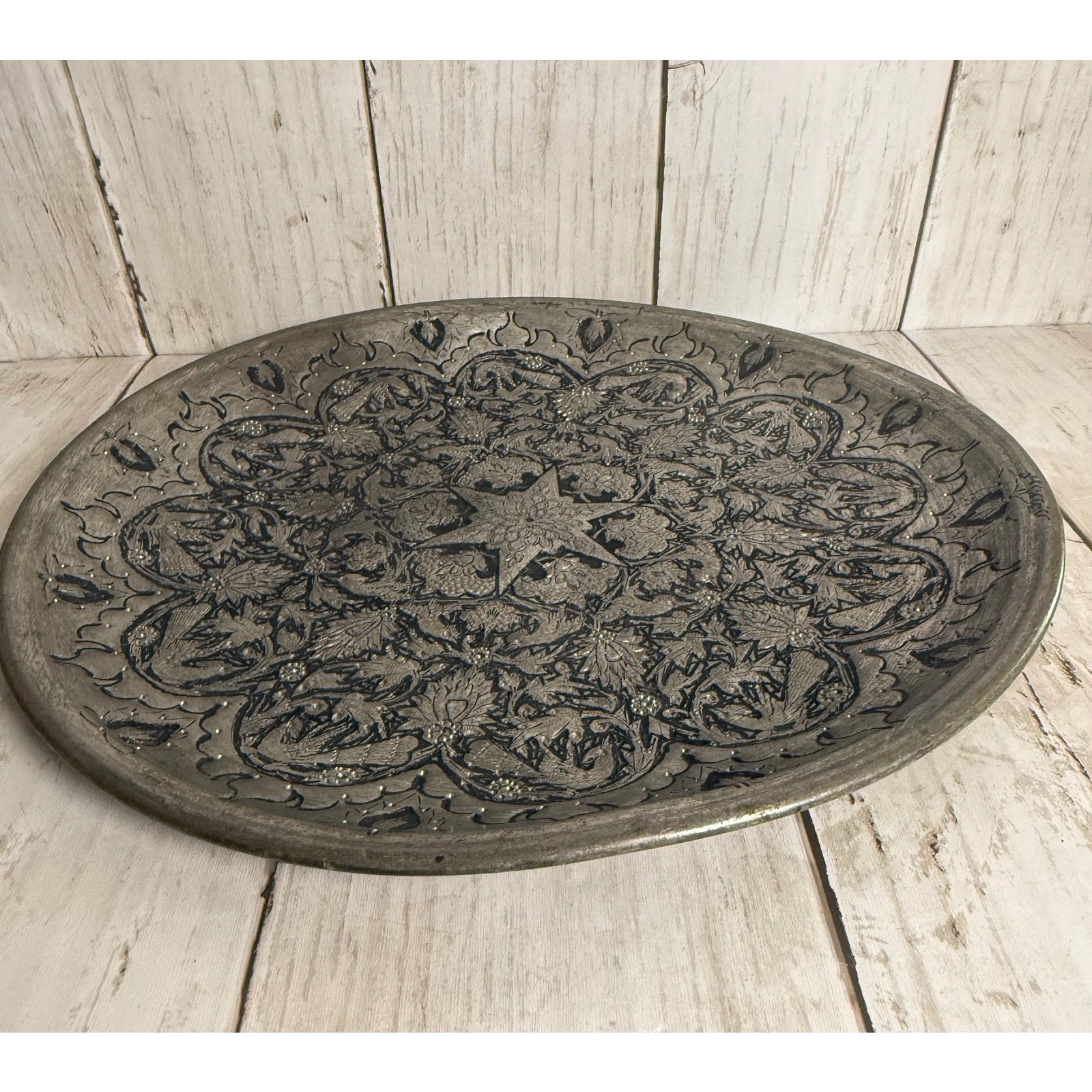 Handmade Middle Eastern Round Silver Tray Star in Center