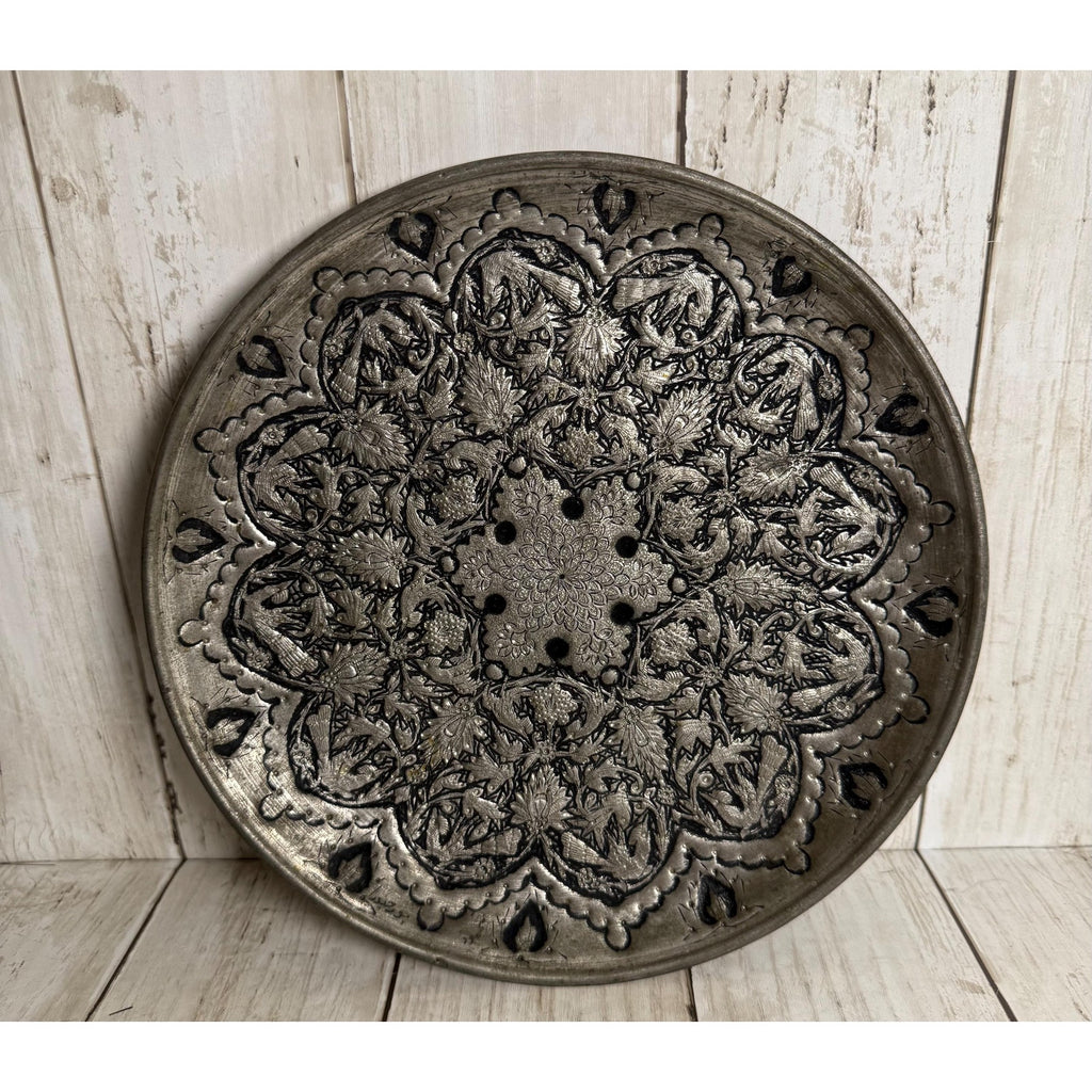 Handmade Middle Eastern Round Silver Tray Floral Design
