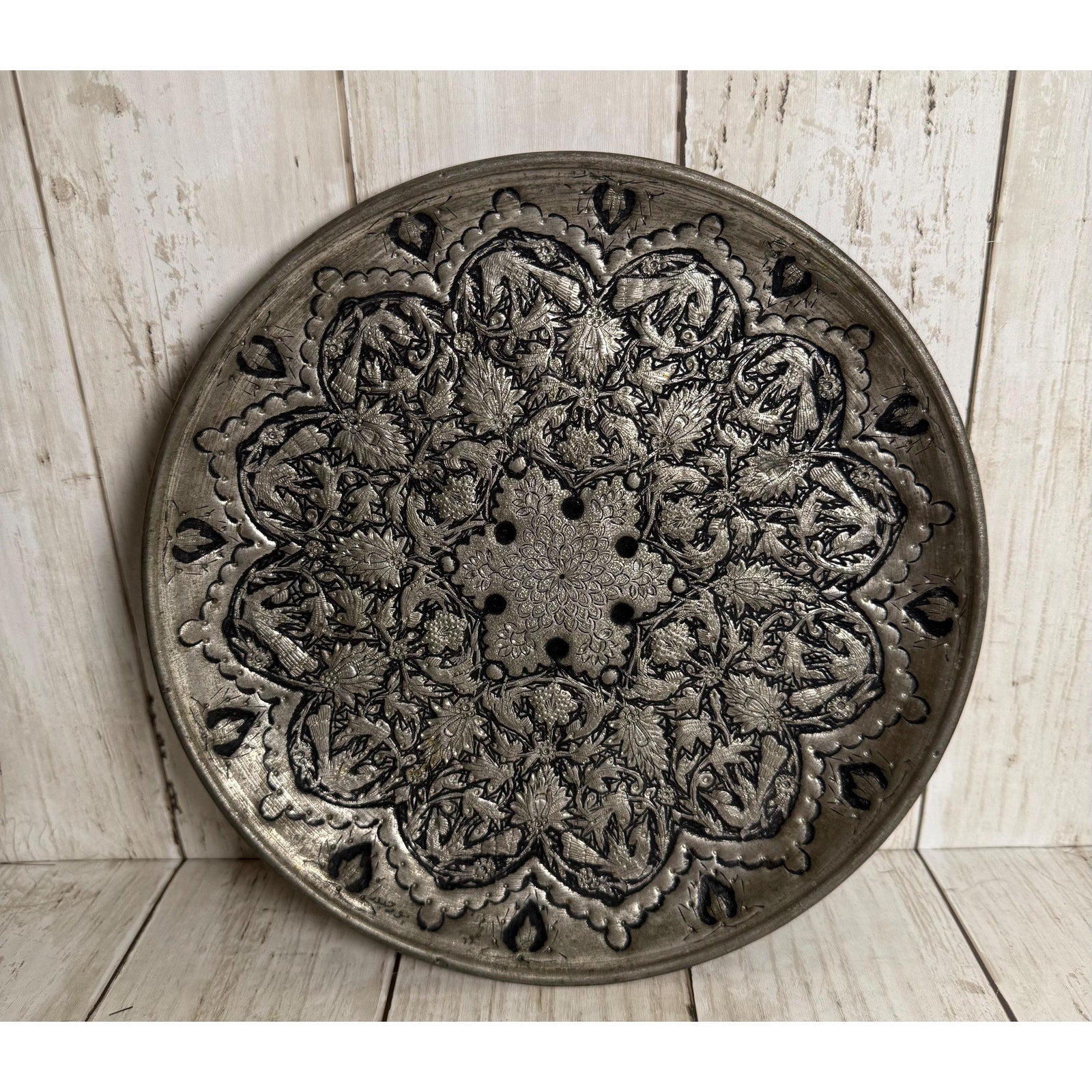 Handmade Middle Eastern Round Silver Tray Floral Design