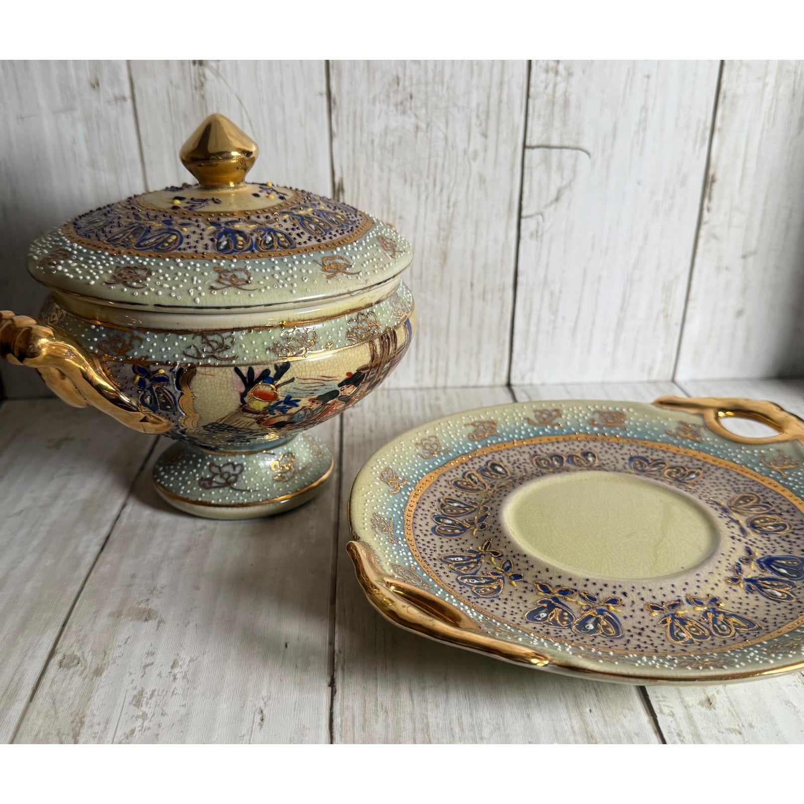 Hand Painted Satsuma Lidded Compote With Under Plate