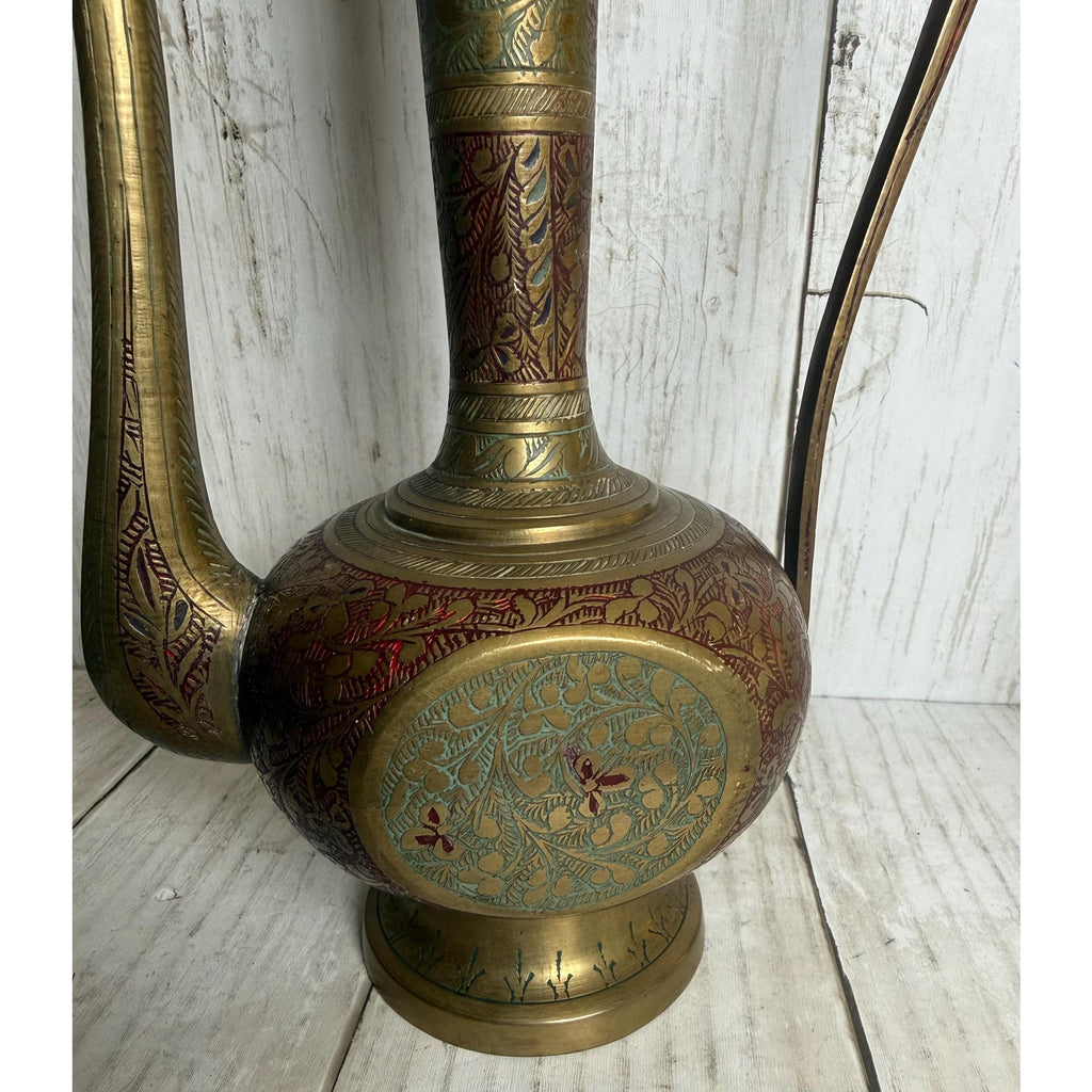 Indo-Persian Saran Brass Ewer with Etched and Painted Detail