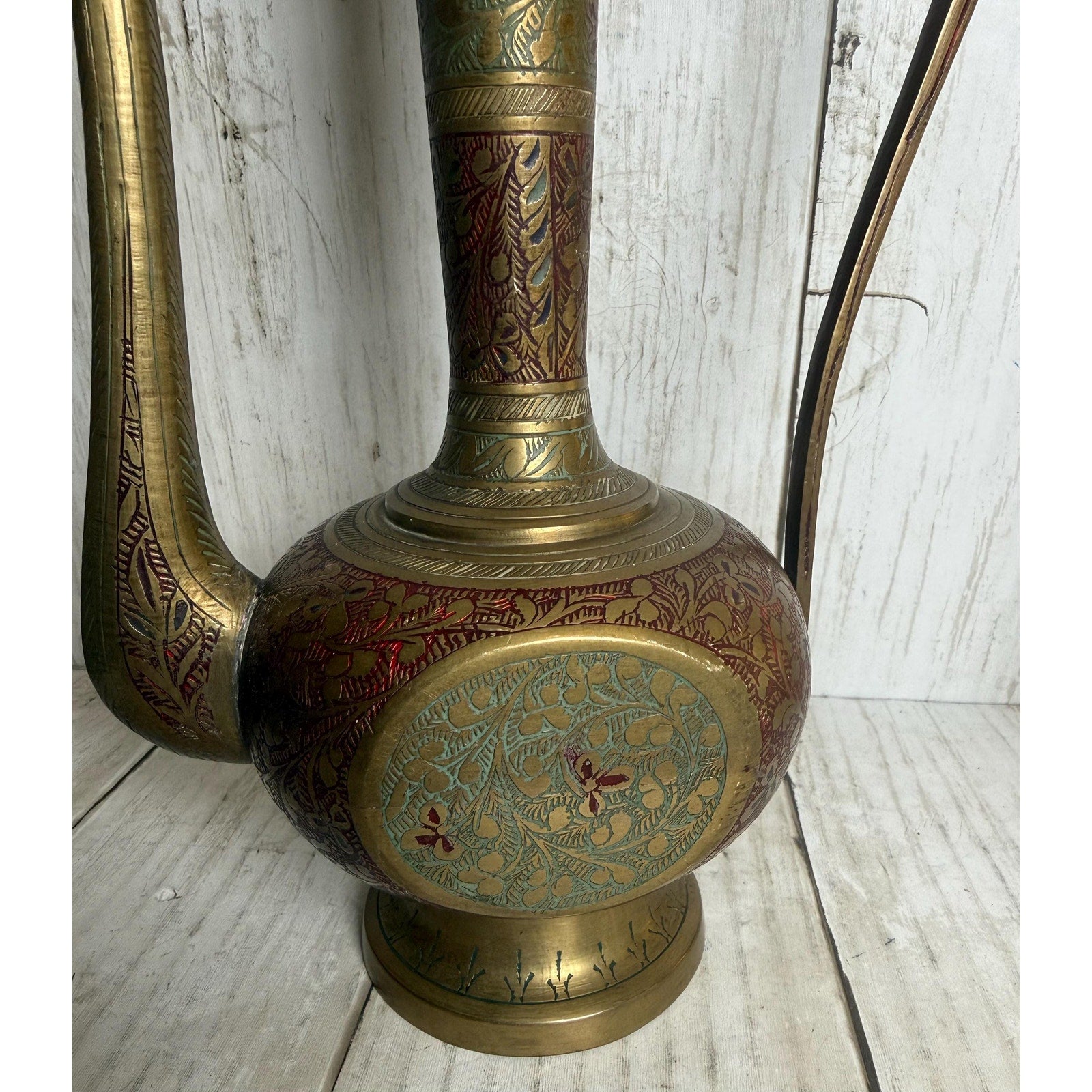 Indo-Persian Saran Brass Ewer with Etched and Painted Detail