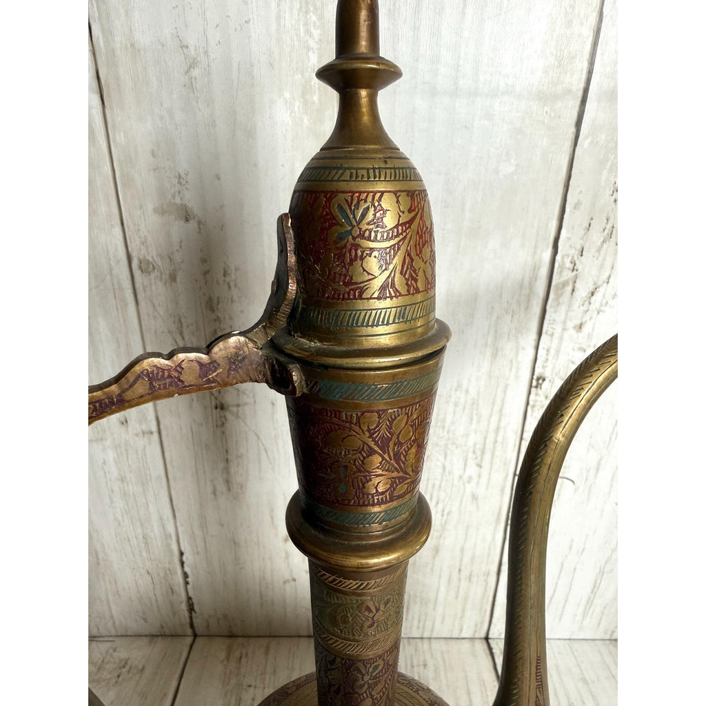 Indo-Persian Saran Brass Ewer with Etched and Painted Detail