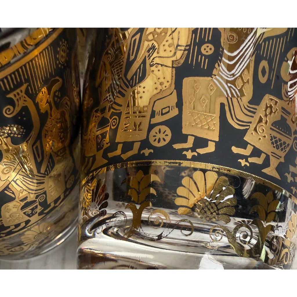 Set of 7 Georges Briard Gold and Black Egyptian Glasses