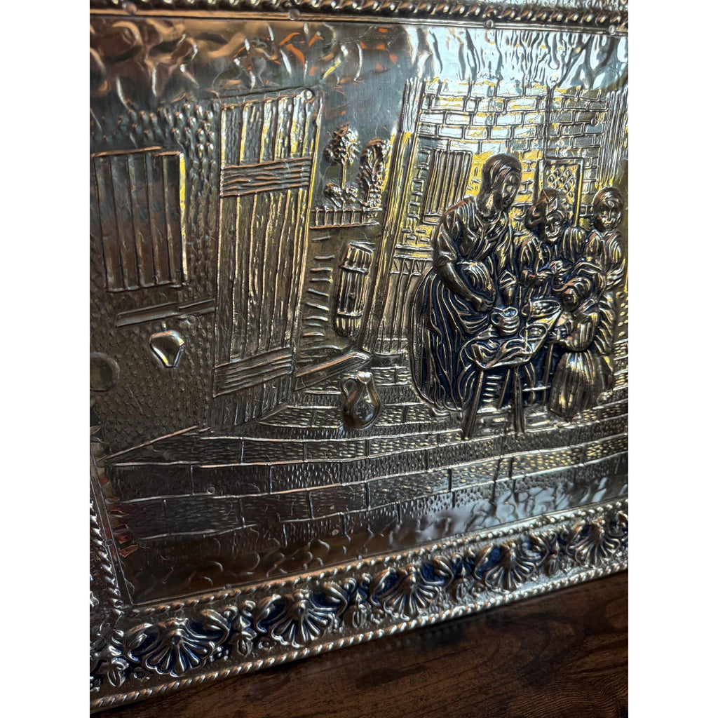 Hammered Brass Fireplace Screen with Victorian Scene