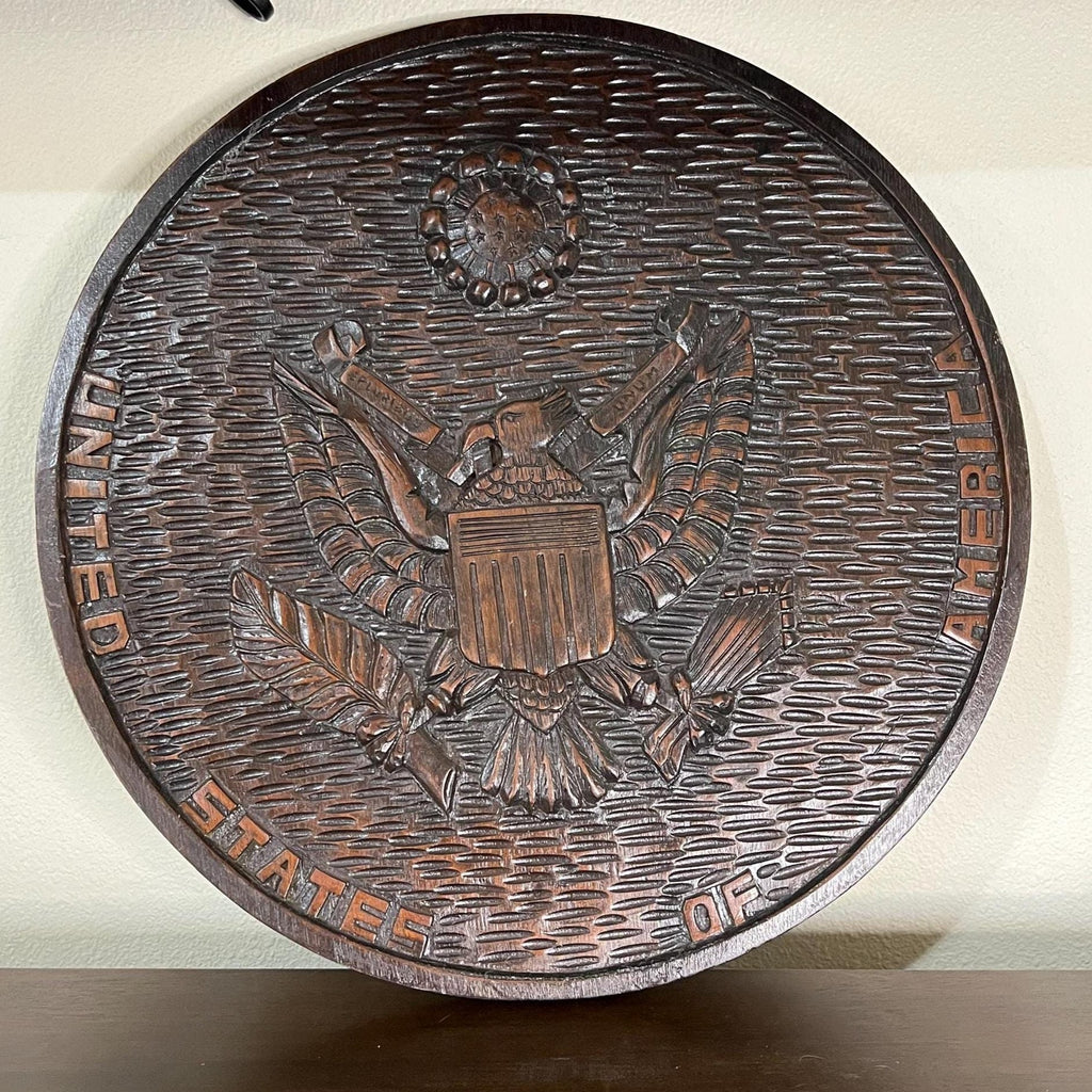 Rodrigo Clare Peneda 1982 Carved Wood 'United States Great Seal" Signed 18.5"dia