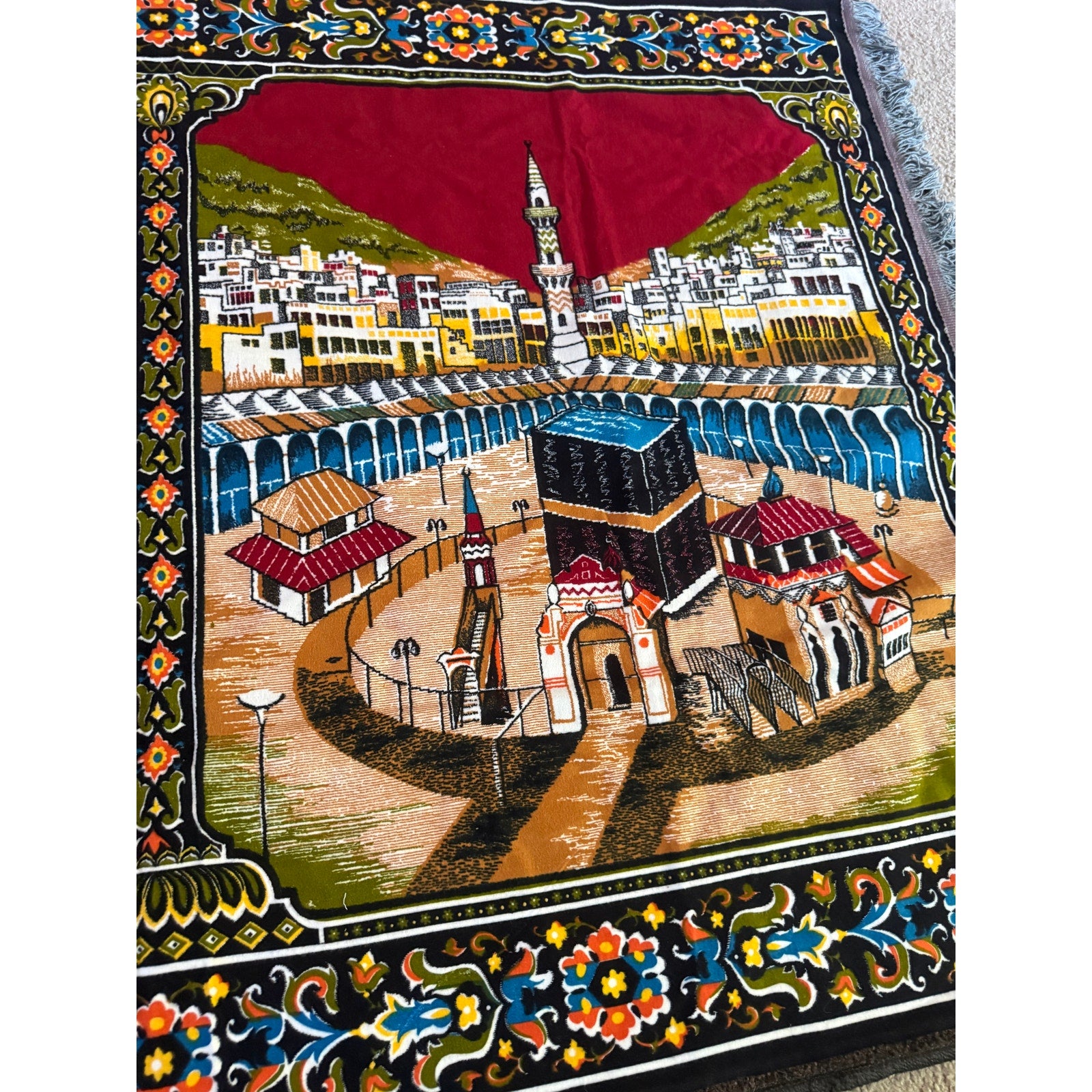 Turkish Velvet Wall Tapestry Featuring Scenes of Masjid al-Haram in Mecca