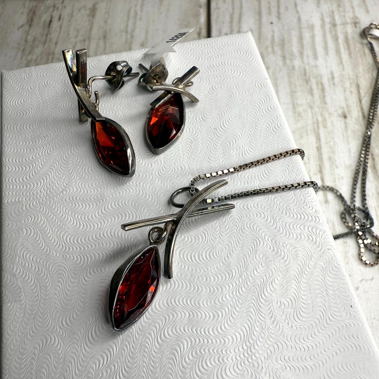 Silver and Garnet Earrings and Necklace