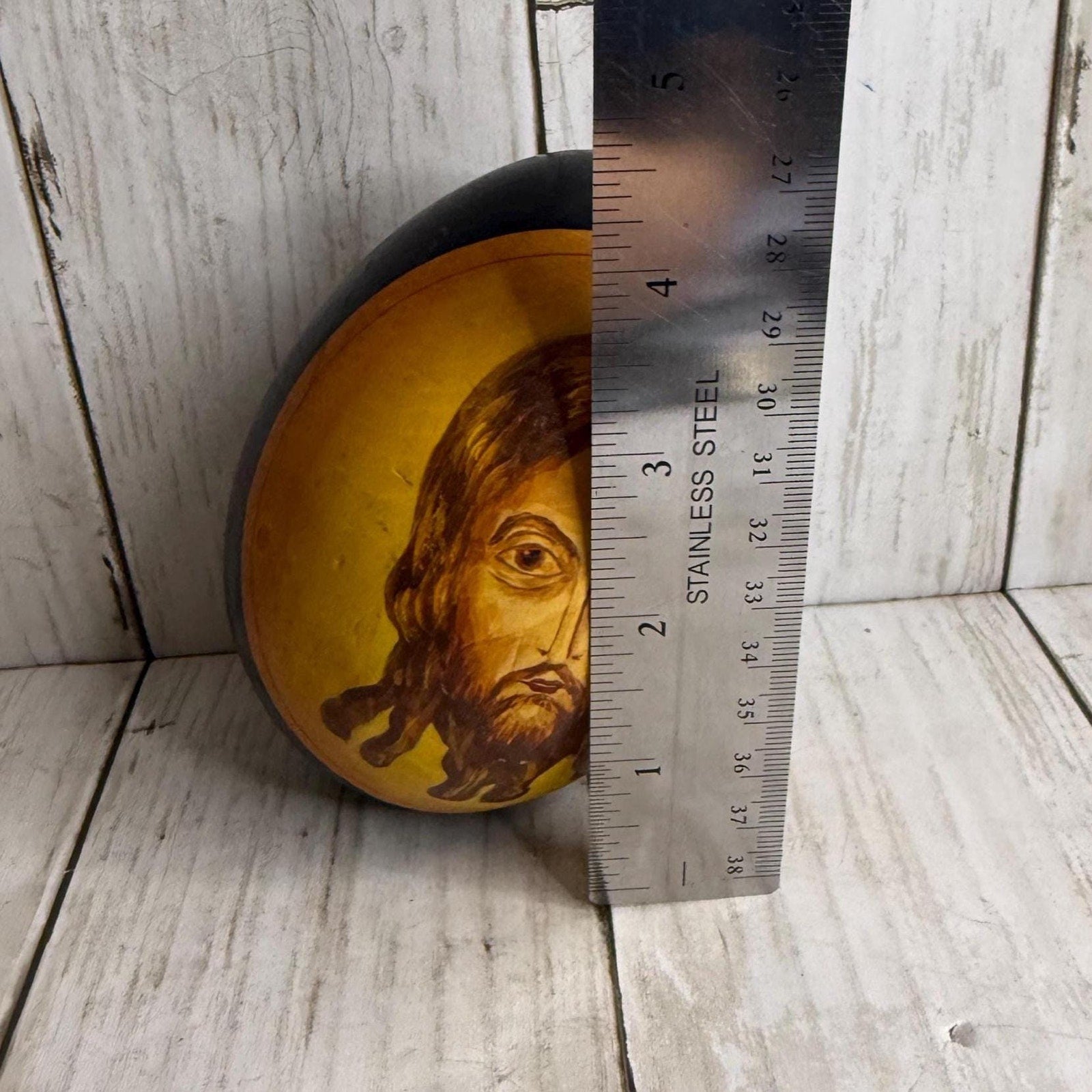 Jesus, Mother Mary Orthodox Russian Black Lacquer Wooden Hand Painted Egg