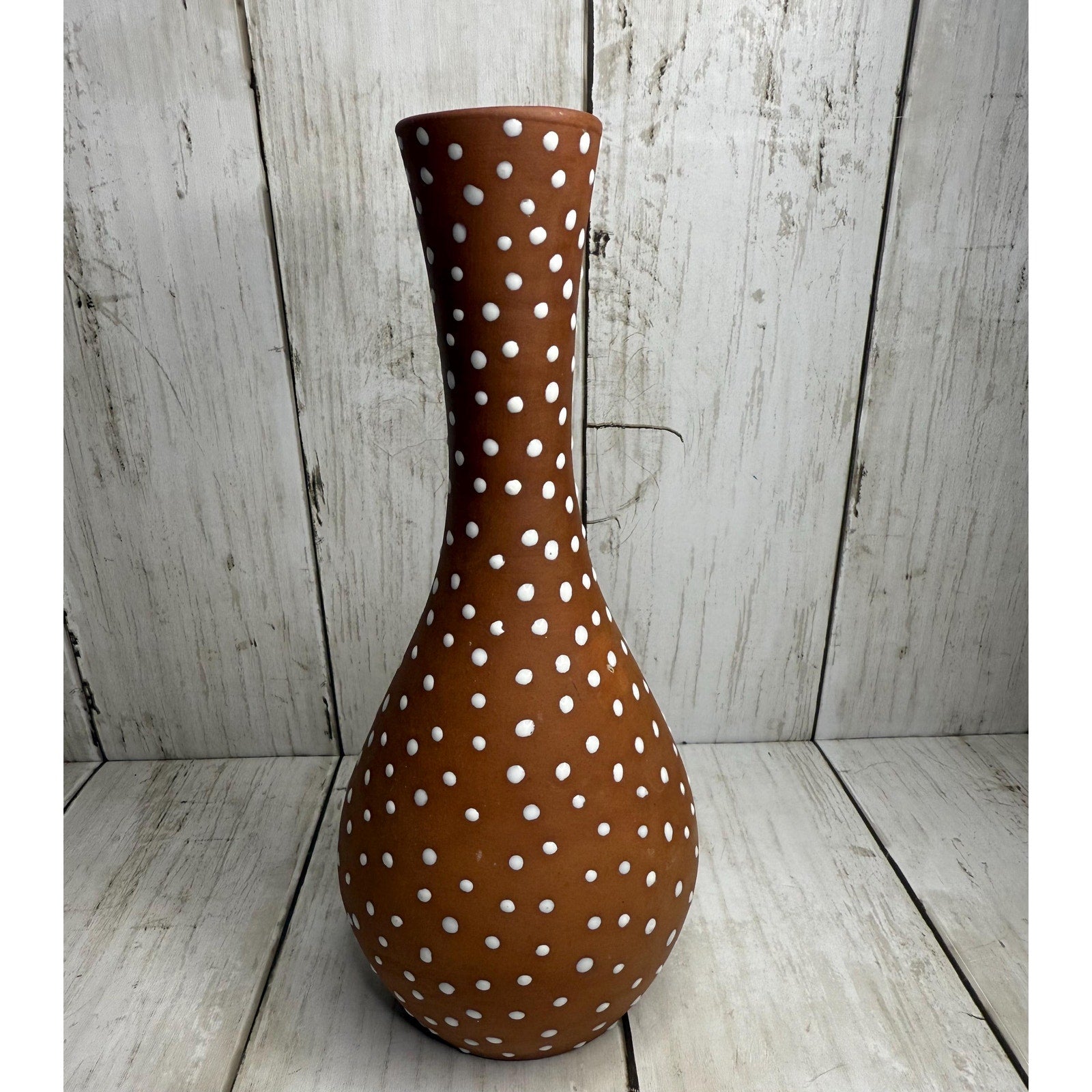 Norsk Red Clay Polka White Polka Dot Bud Vase 7 inches