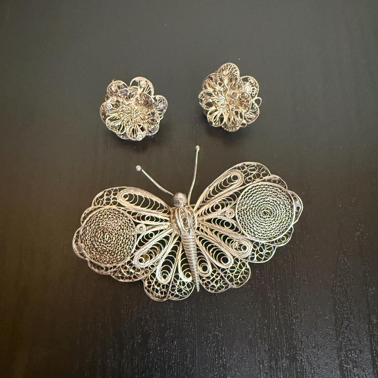 Silver Filigree Butterly Brooch and Earrings