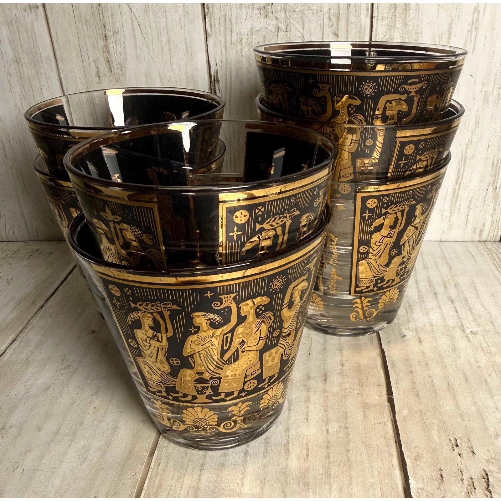 Set of 7 Georges Briard Gold and Black Egyptian Glasses