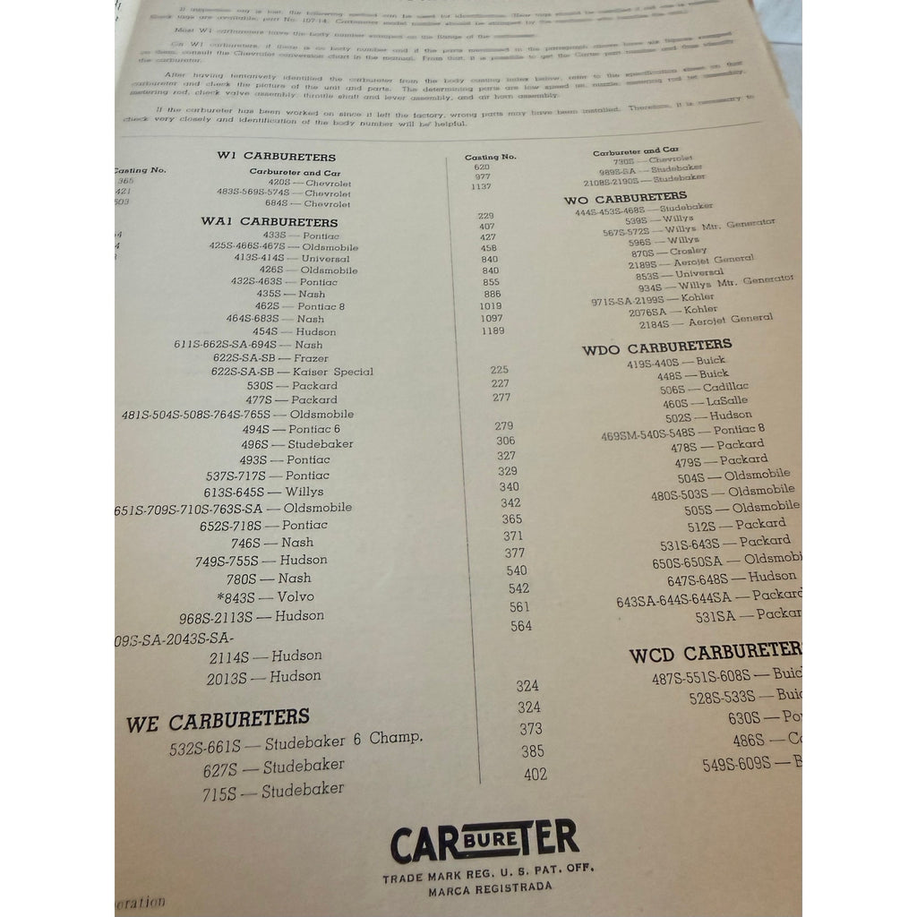 Carter Carburetor Parts Manual 1954