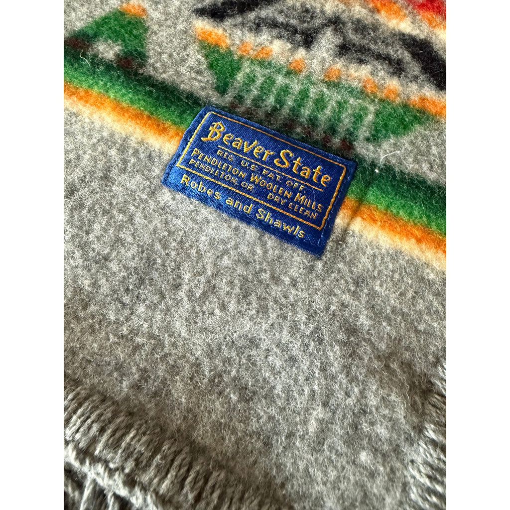 Vintage Pendleton Beaver State Wool Camp Blanket Shawl Fringe 32x43