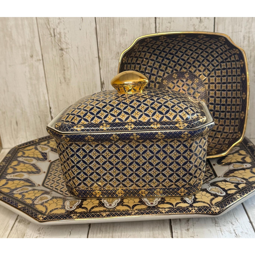 Chinese Royal Regency Navy Blue & Gold Lidded Box, Vanity Tray and Bowl