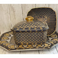 Chinese Royal Regency Navy Blue & Gold Lidded Box, Vanity Tray and Bowl