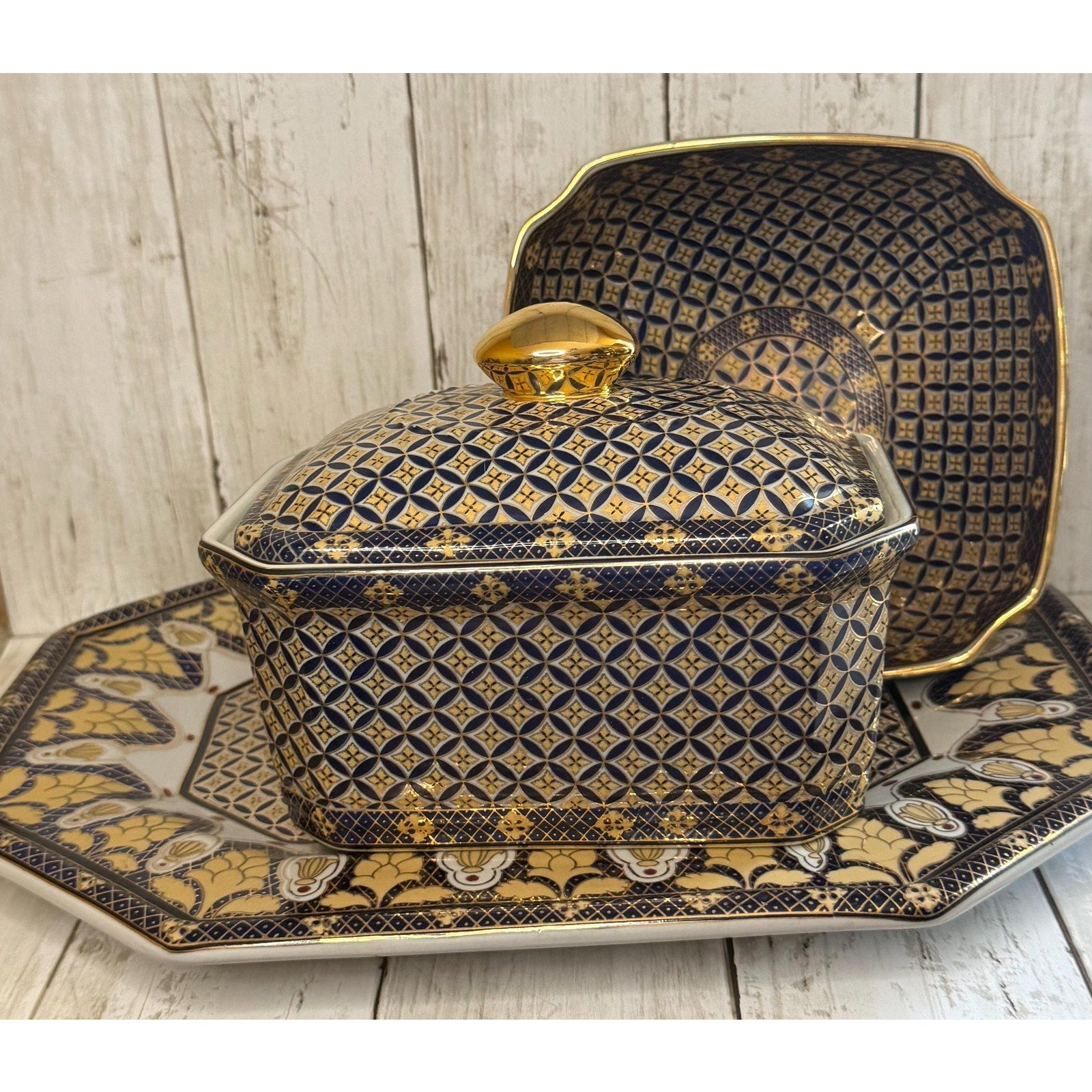 Chinese Royal Regency Navy Blue & Gold Lidded Box, Vanity Tray and Bowl