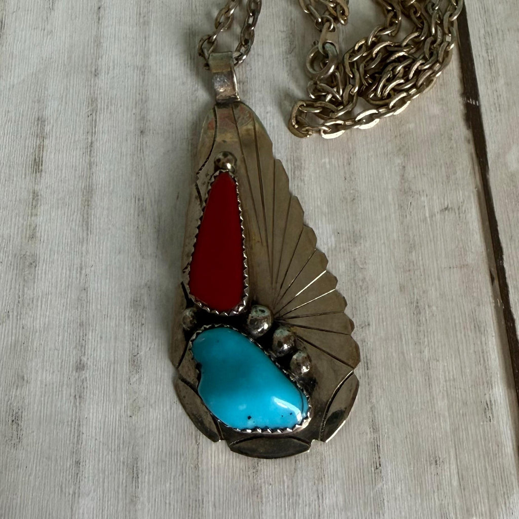 Zuni Navajo Turquoise and Coral Pendant