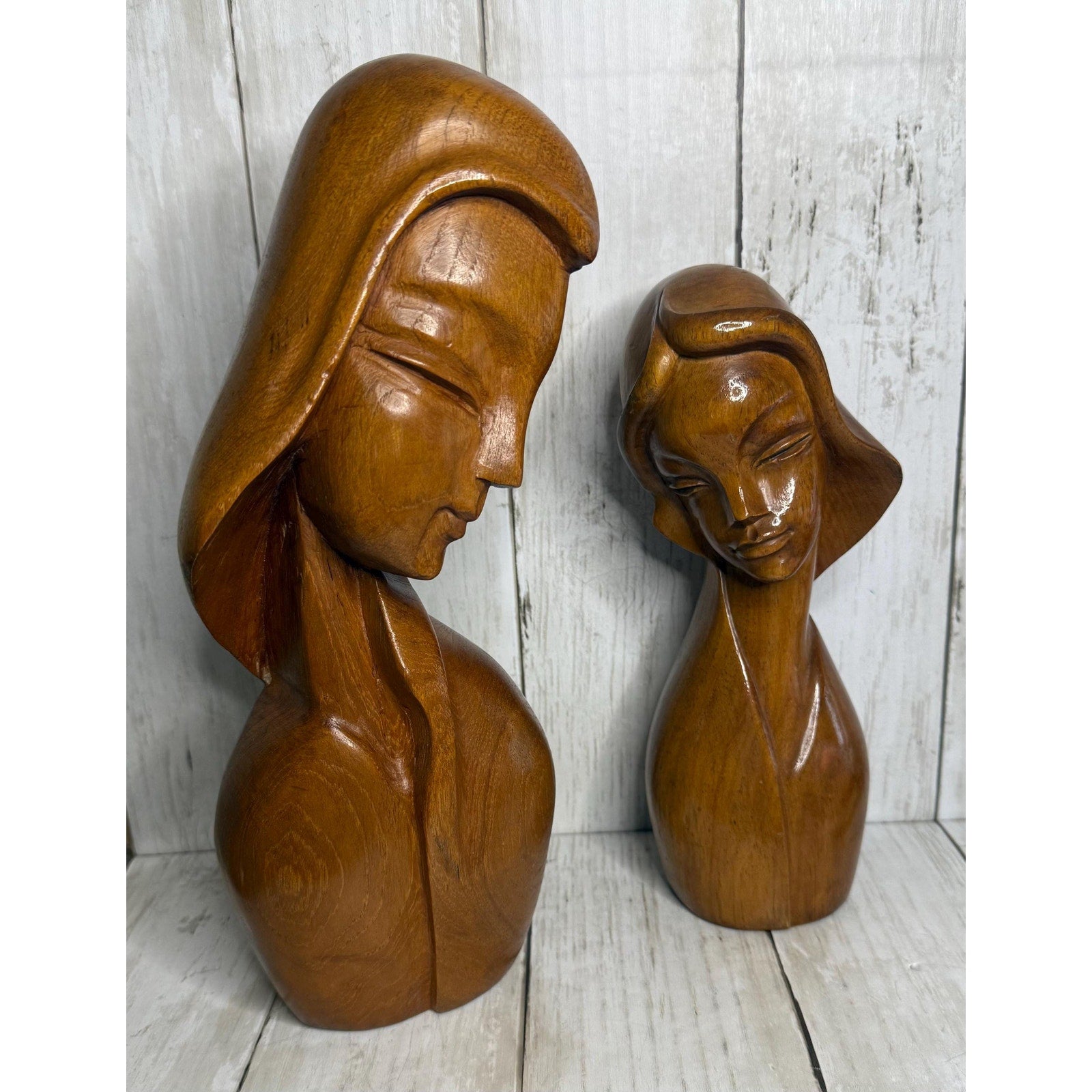 Pair of MCM Wood Carved Busts