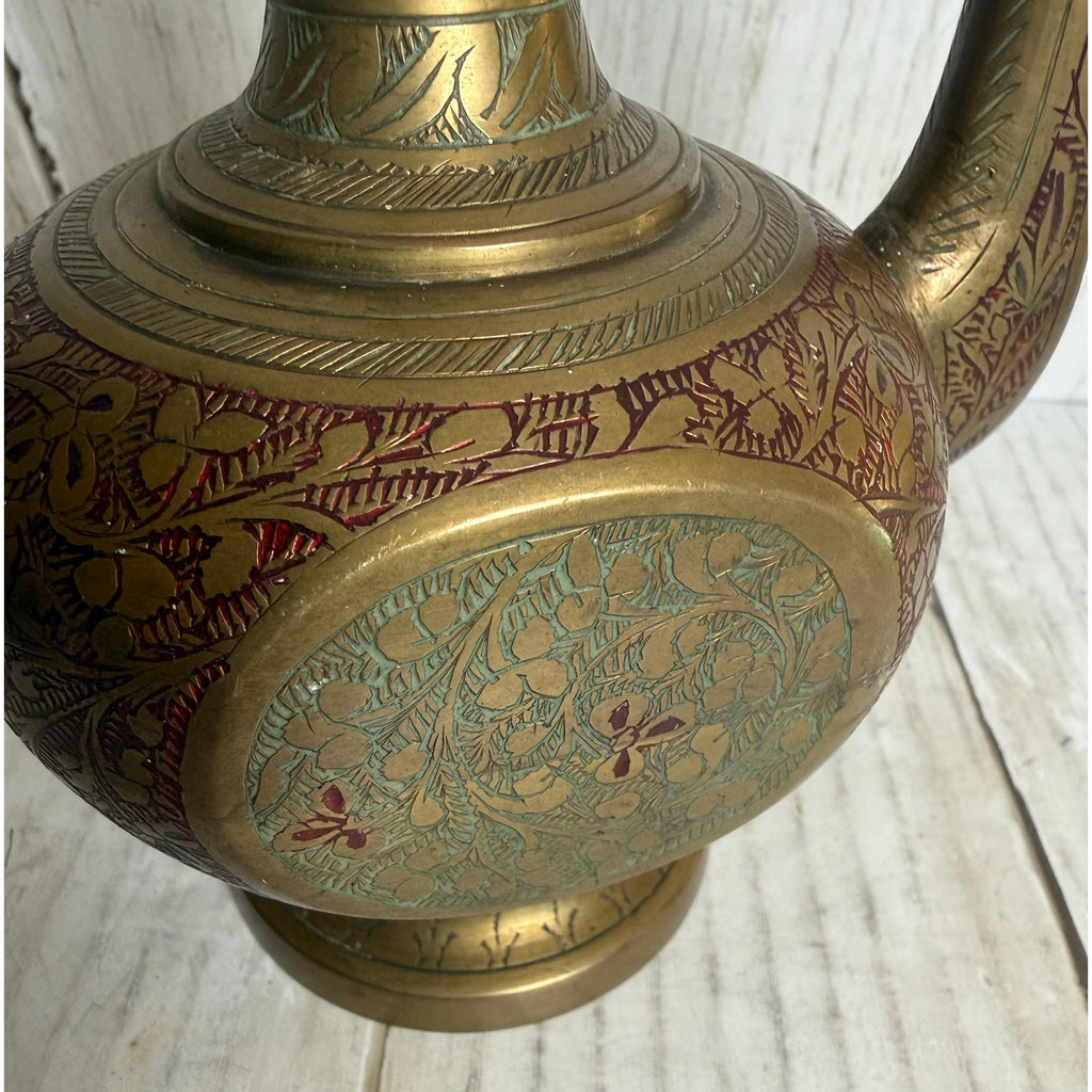 Indo-Persian Saran Brass Ewer with Etched and Painted Detail