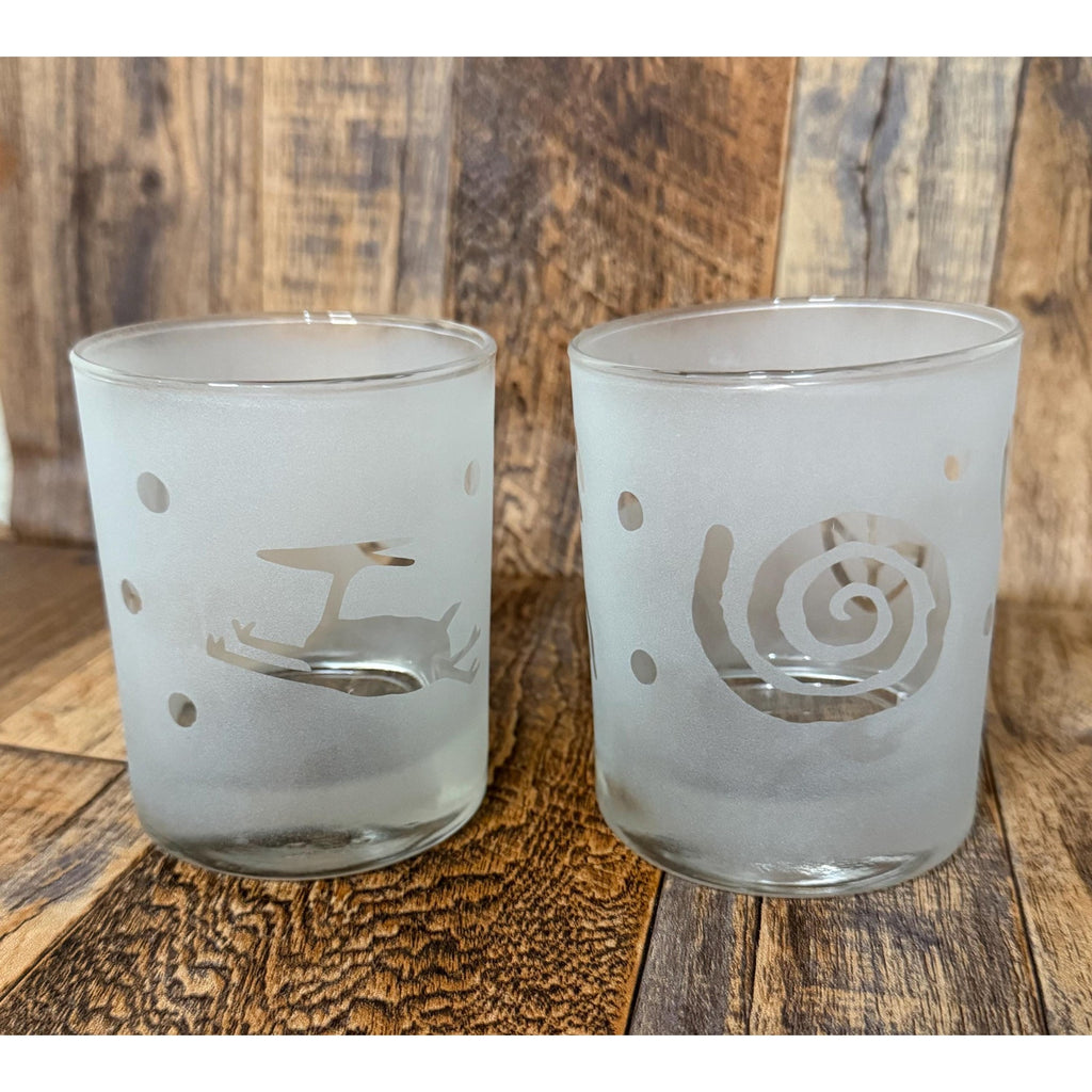 Rare Design - Pair Anchor Hocking Etched Glass Whiskey Glasses