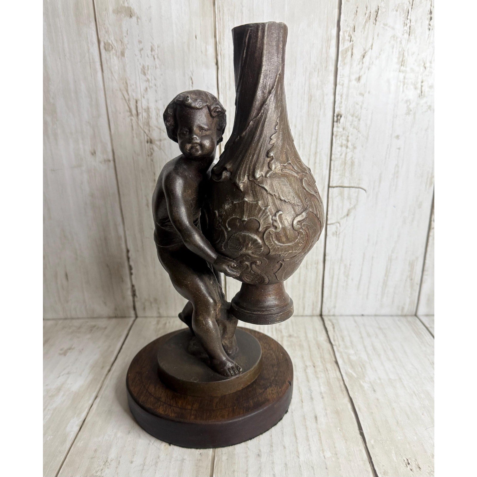 Unique Spelter Cherub Figure Flower Vase