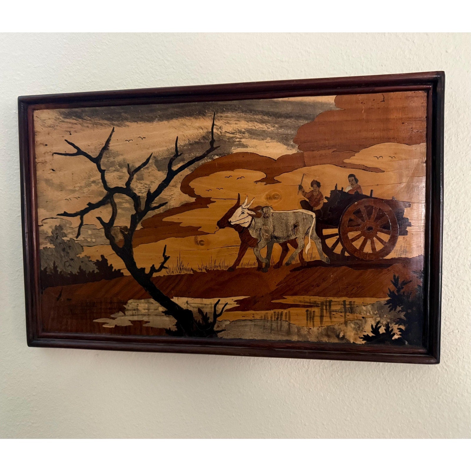 India Framed Wood Inlay Scene of Villagers