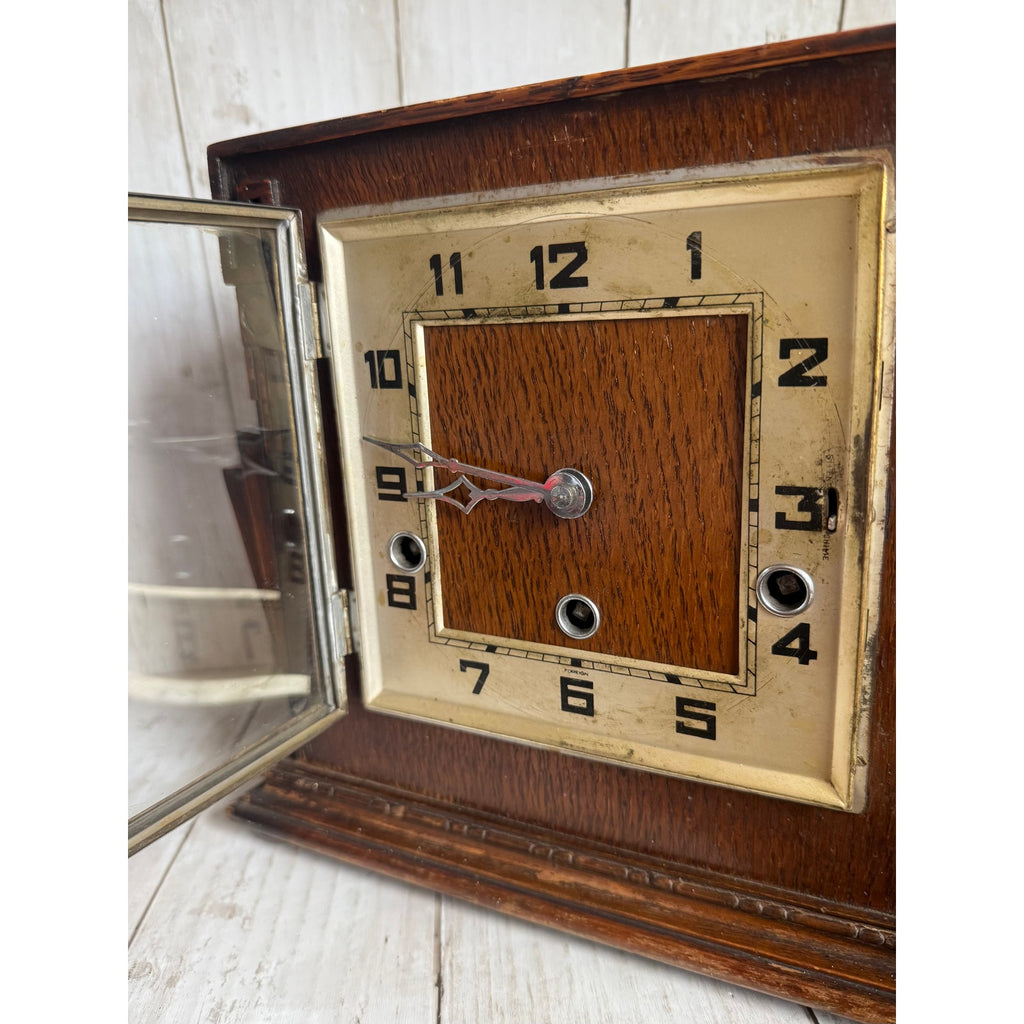 Art Deco Wooden Geometric Mantle Clock, As Is