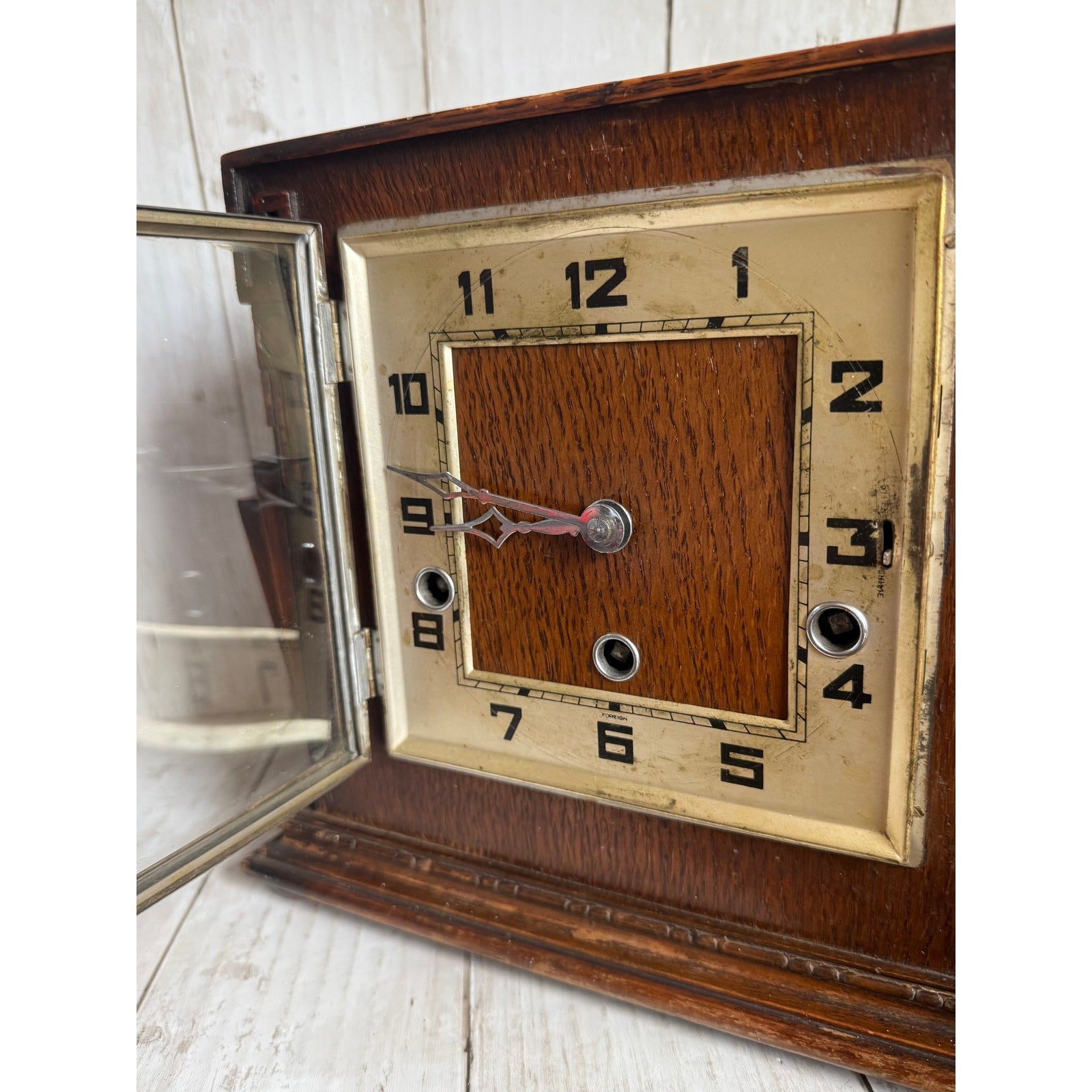 Art Deco Wooden Geometric Mantle Clock, As Is