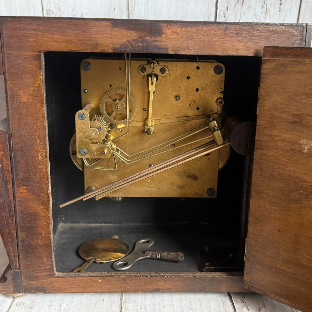 Art Deco Wooden Geometric Mantle Clock, As Is