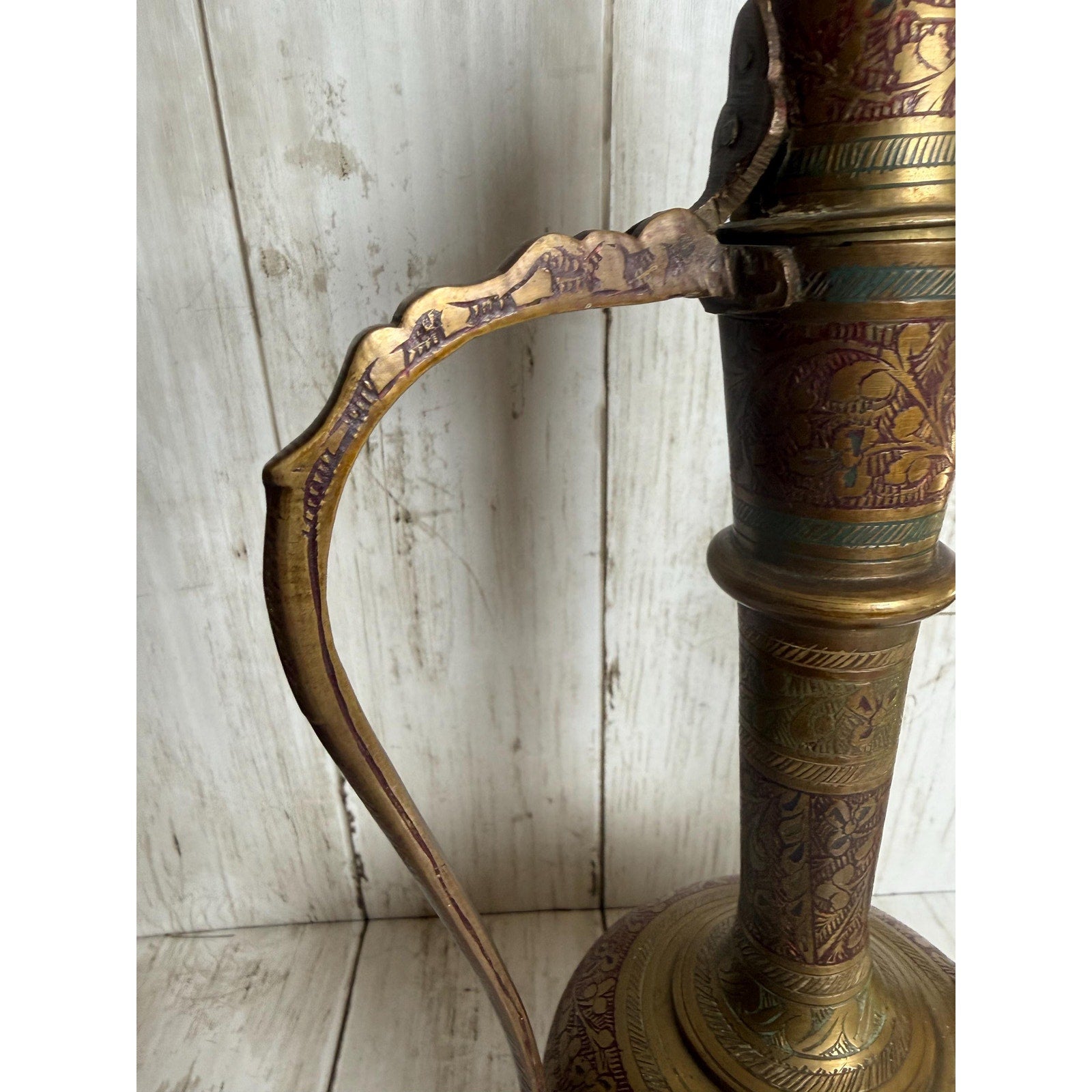 Indo-Persian Saran Brass Ewer with Etched and Painted Detail