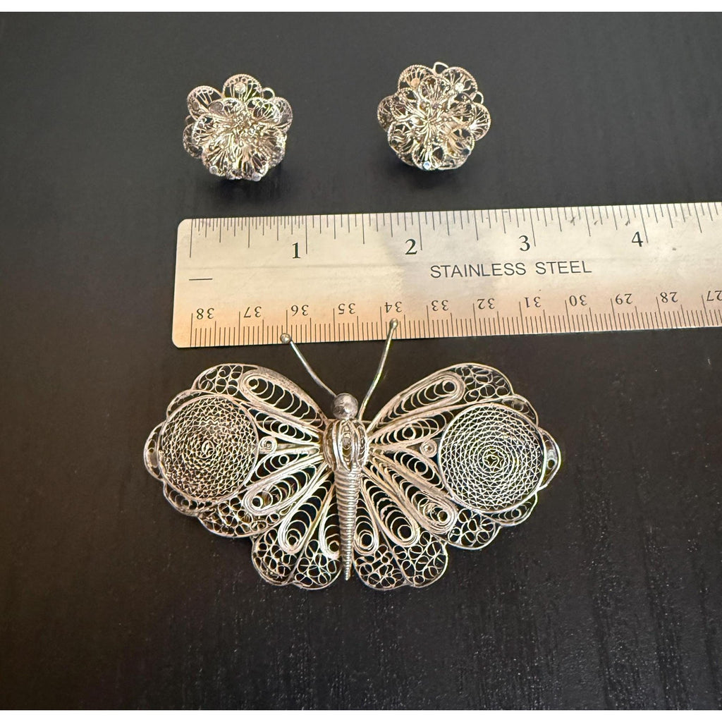 Silver Filigree Butterly Brooch and Earrings