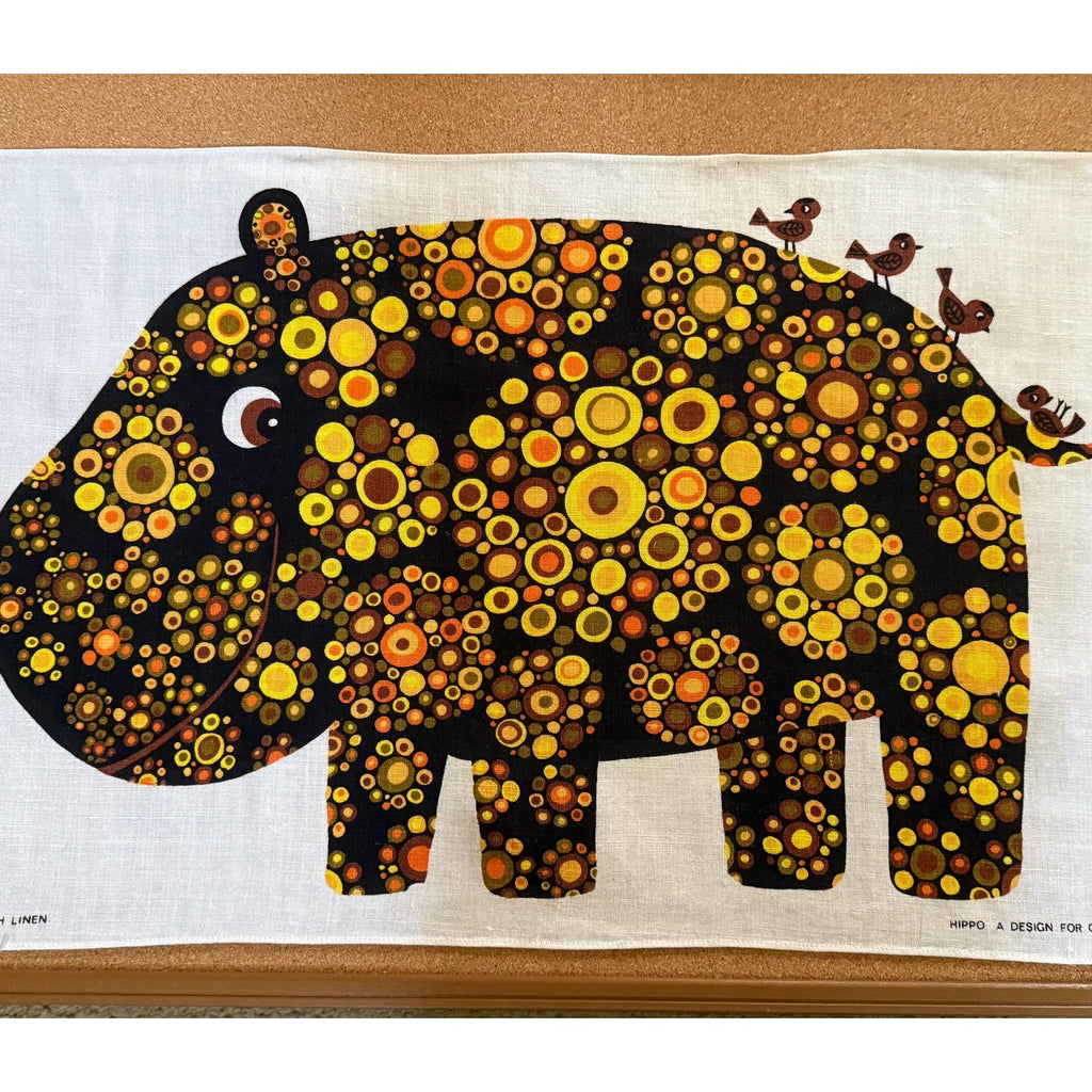 Unused OXFAM Circa 60s/70s BELINDA LYON Happy Hippo Tea Towel Flower Power