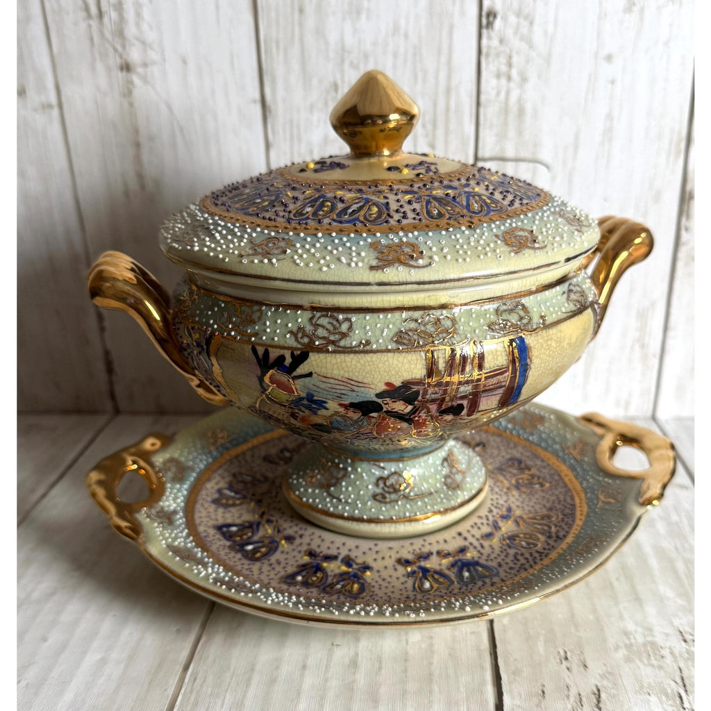 Hand Painted Satsuma Lidded Compote With Under Plate