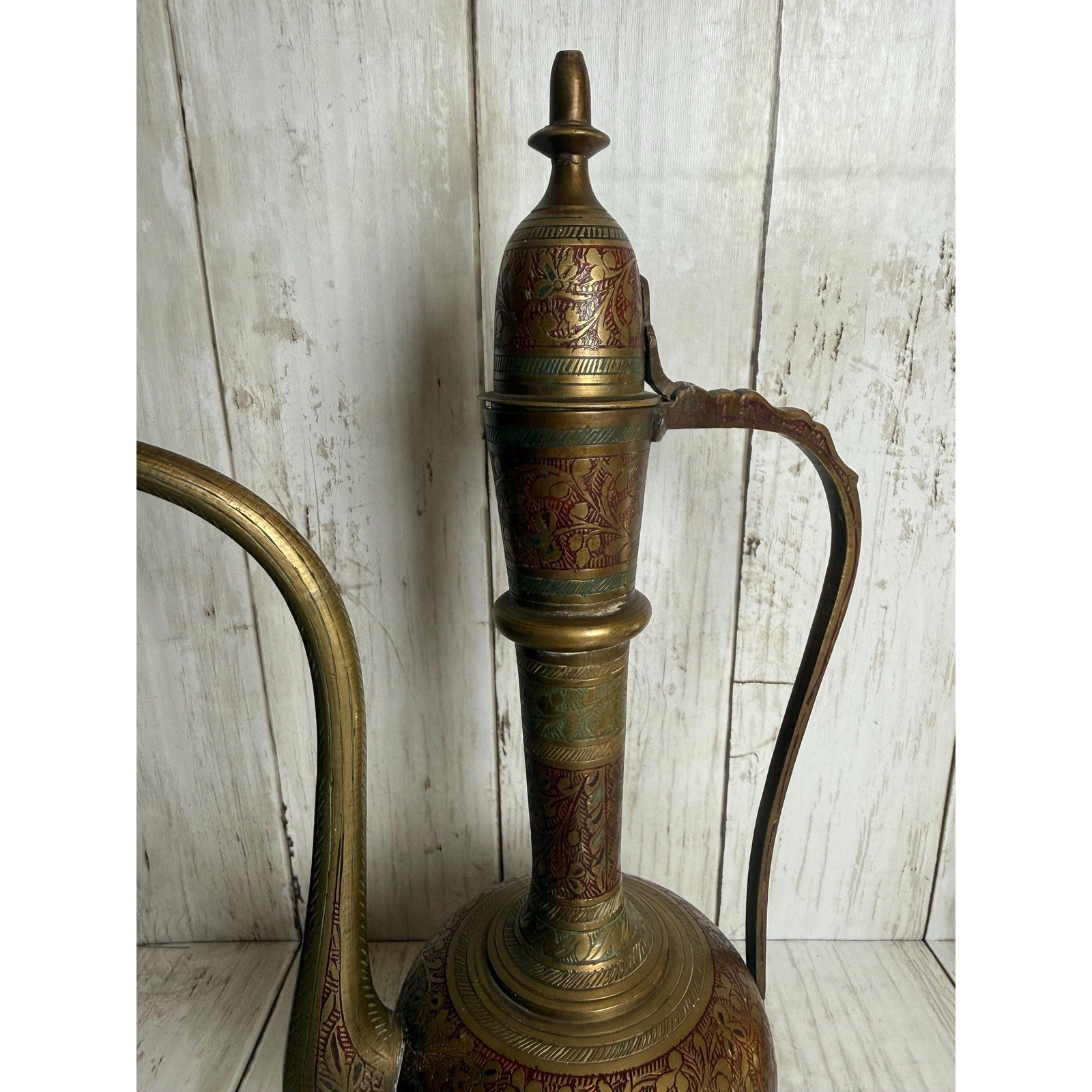 Indo-Persian Saran Brass Ewer with Etched and Painted Detail