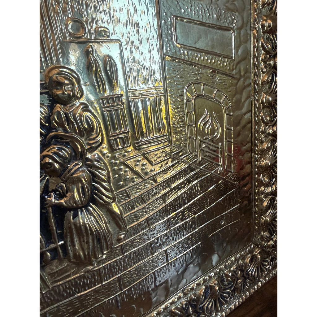 Hammered Brass Fireplace Screen with Victorian Scene