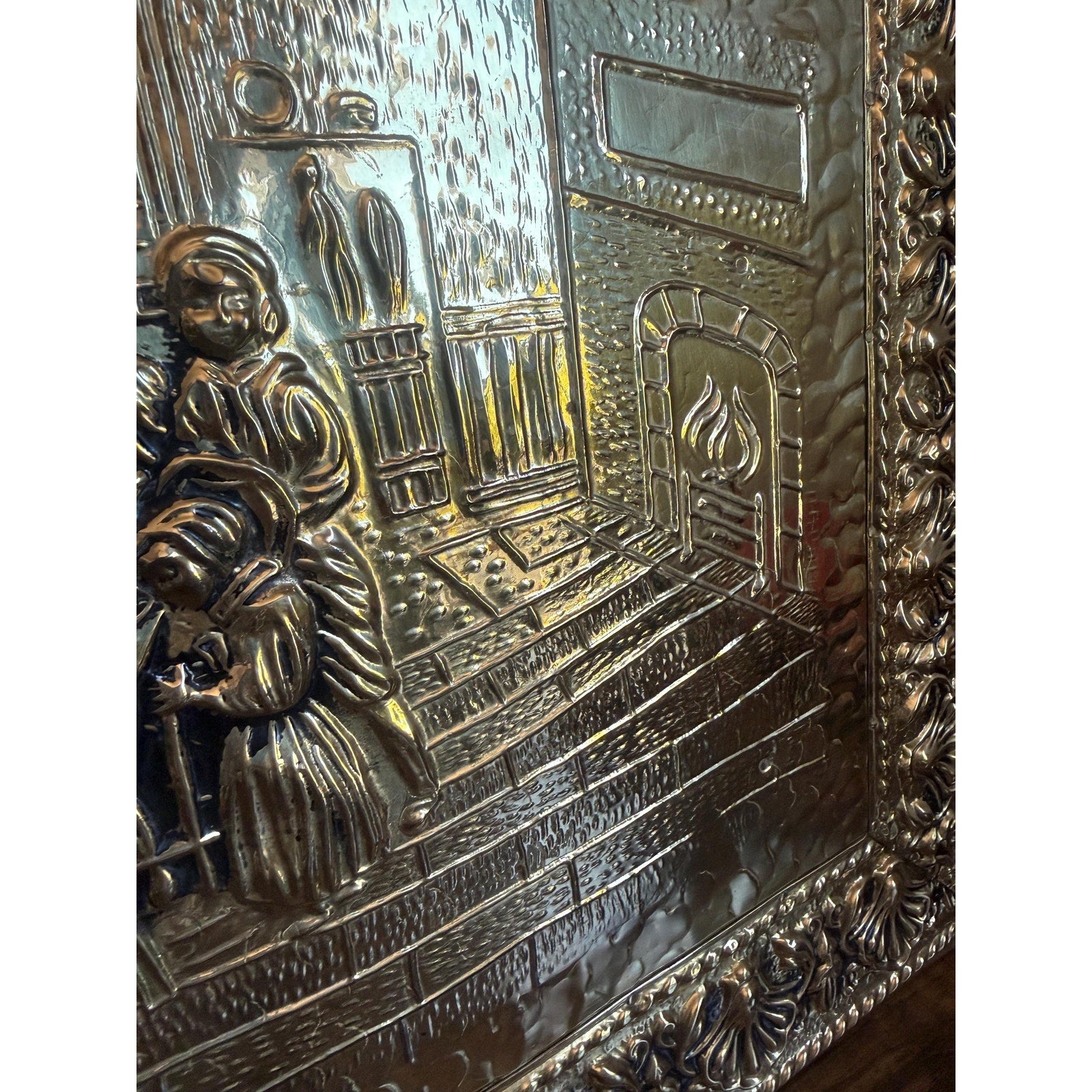 Hammered Brass Fireplace Screen with Victorian Scene