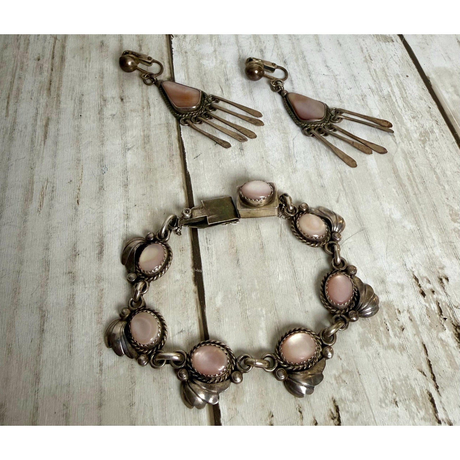 Navajo Silver and Mother of Pearl Small Bracelet and Earrings