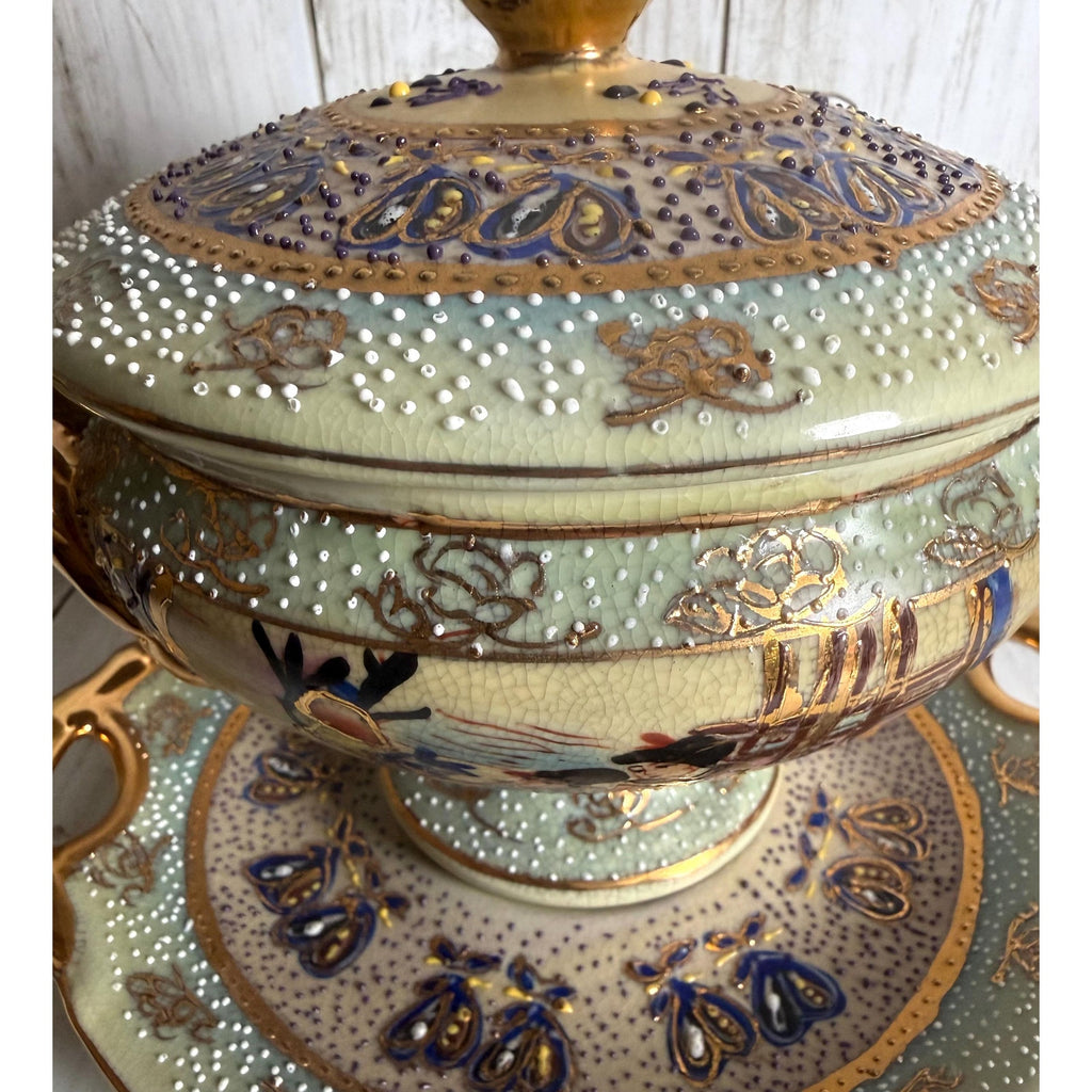 Hand Painted Satsuma Lidded Compote With Under Plate