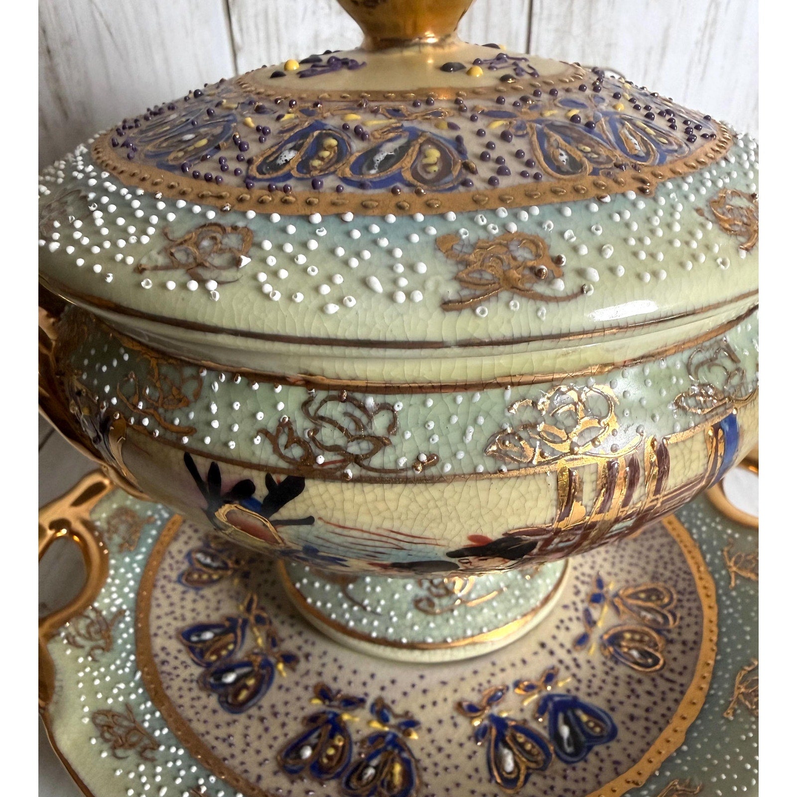 Hand Painted Satsuma Lidded Compote With Under Plate