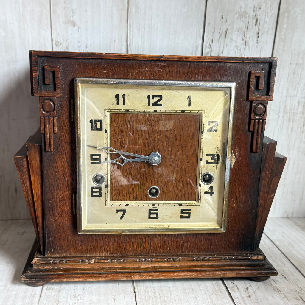 Art Deco Wooden Geometric Mantle Clock, As Is