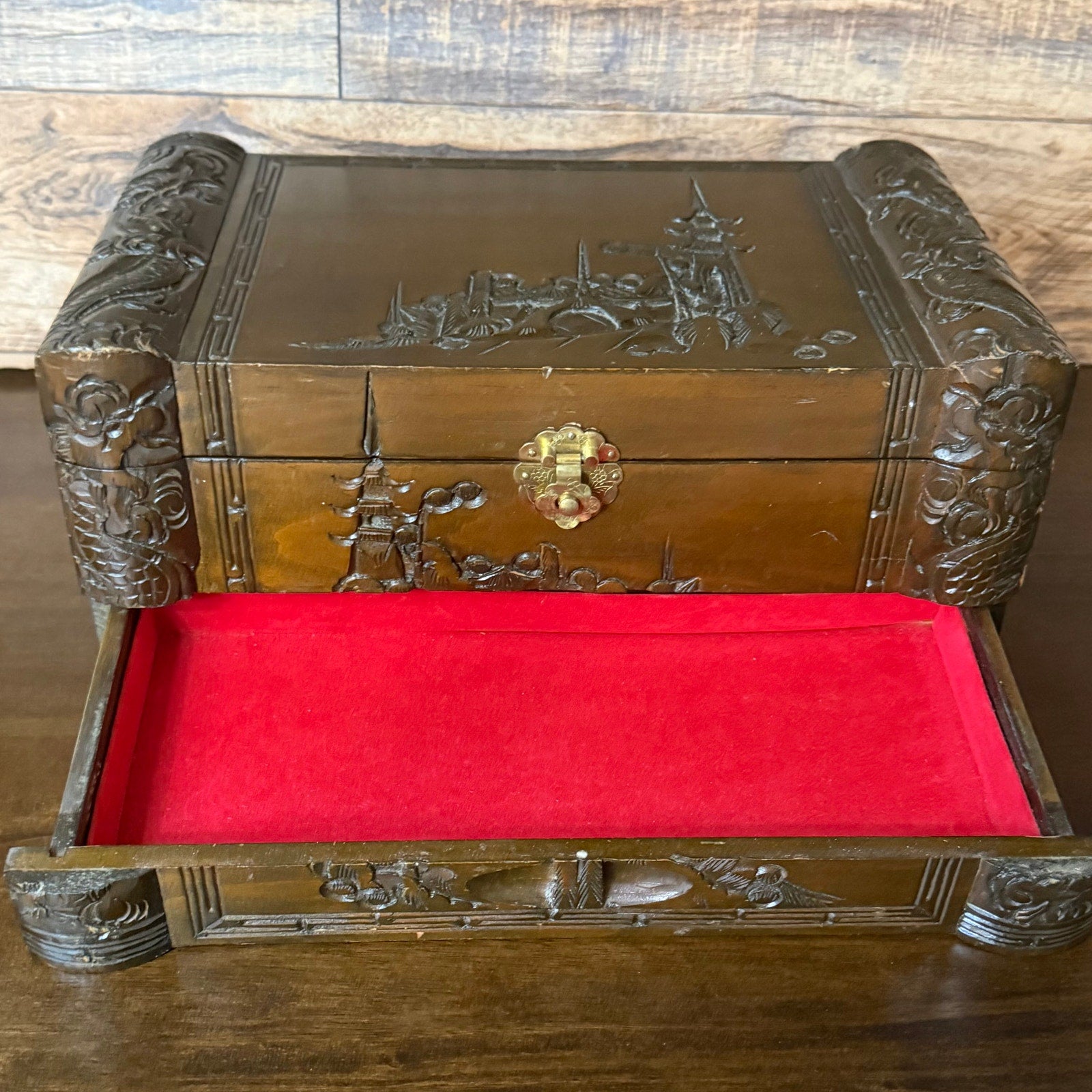 Hand-Carved Asian Wooden Jewelry Music Box