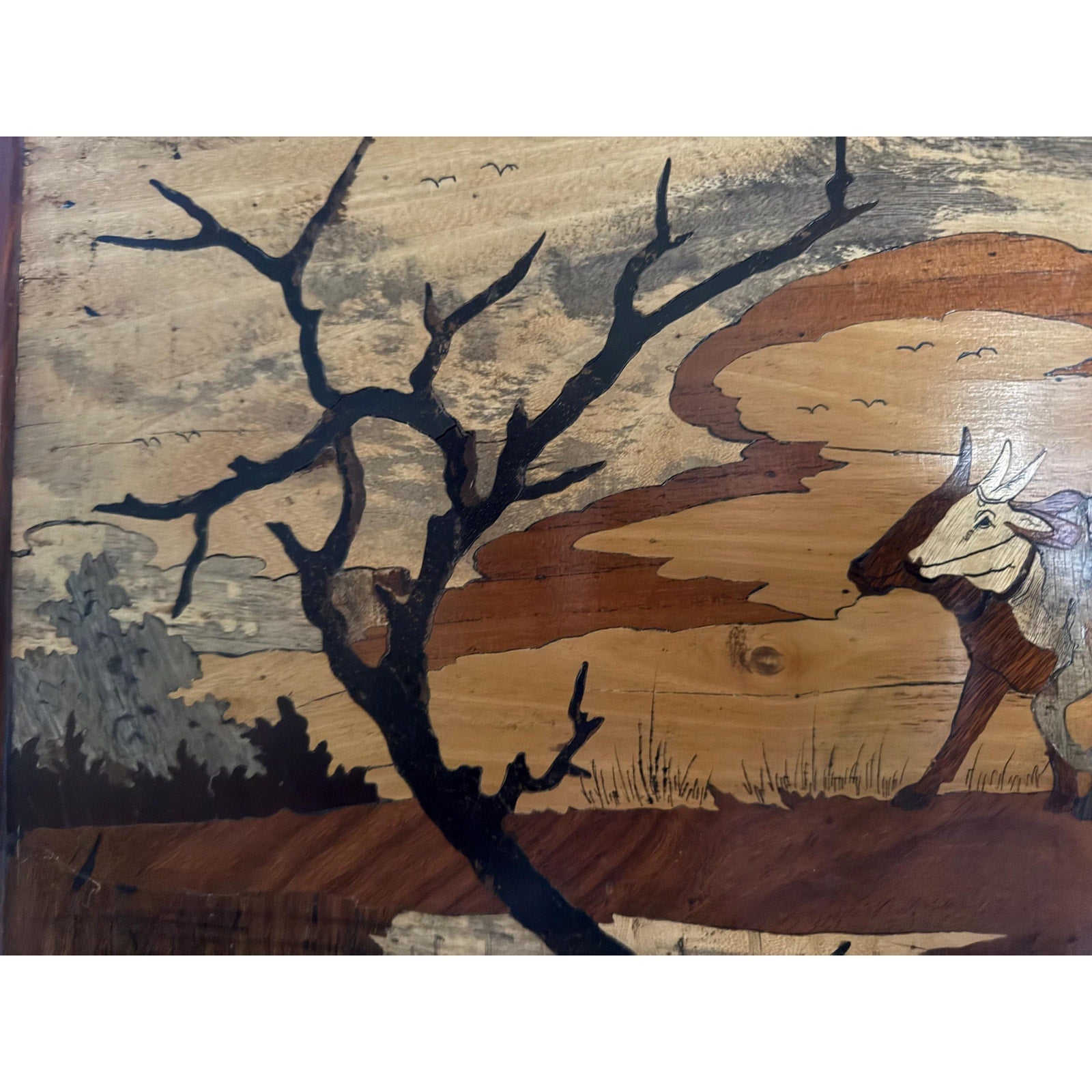 India Framed Wood Inlay Scene of Villagers