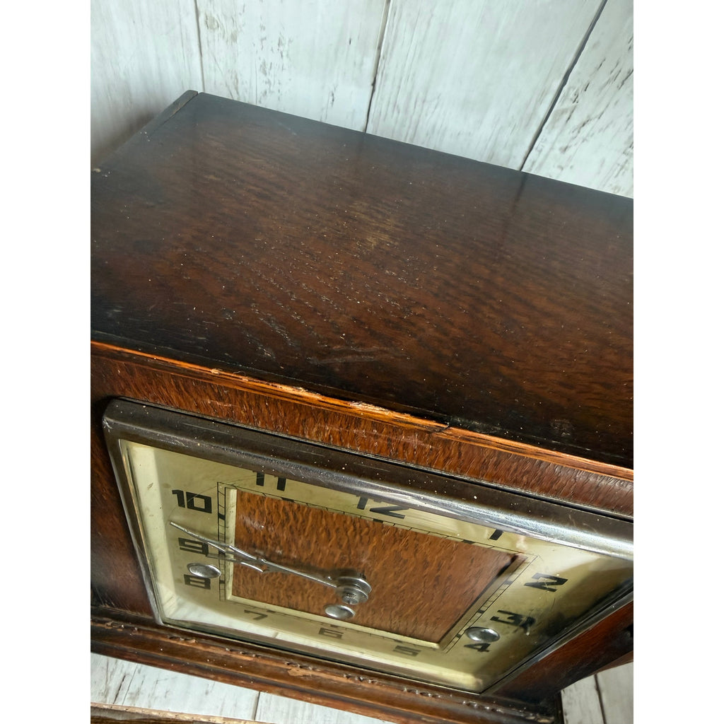 Art Deco Wooden Geometric Mantle Clock, As Is